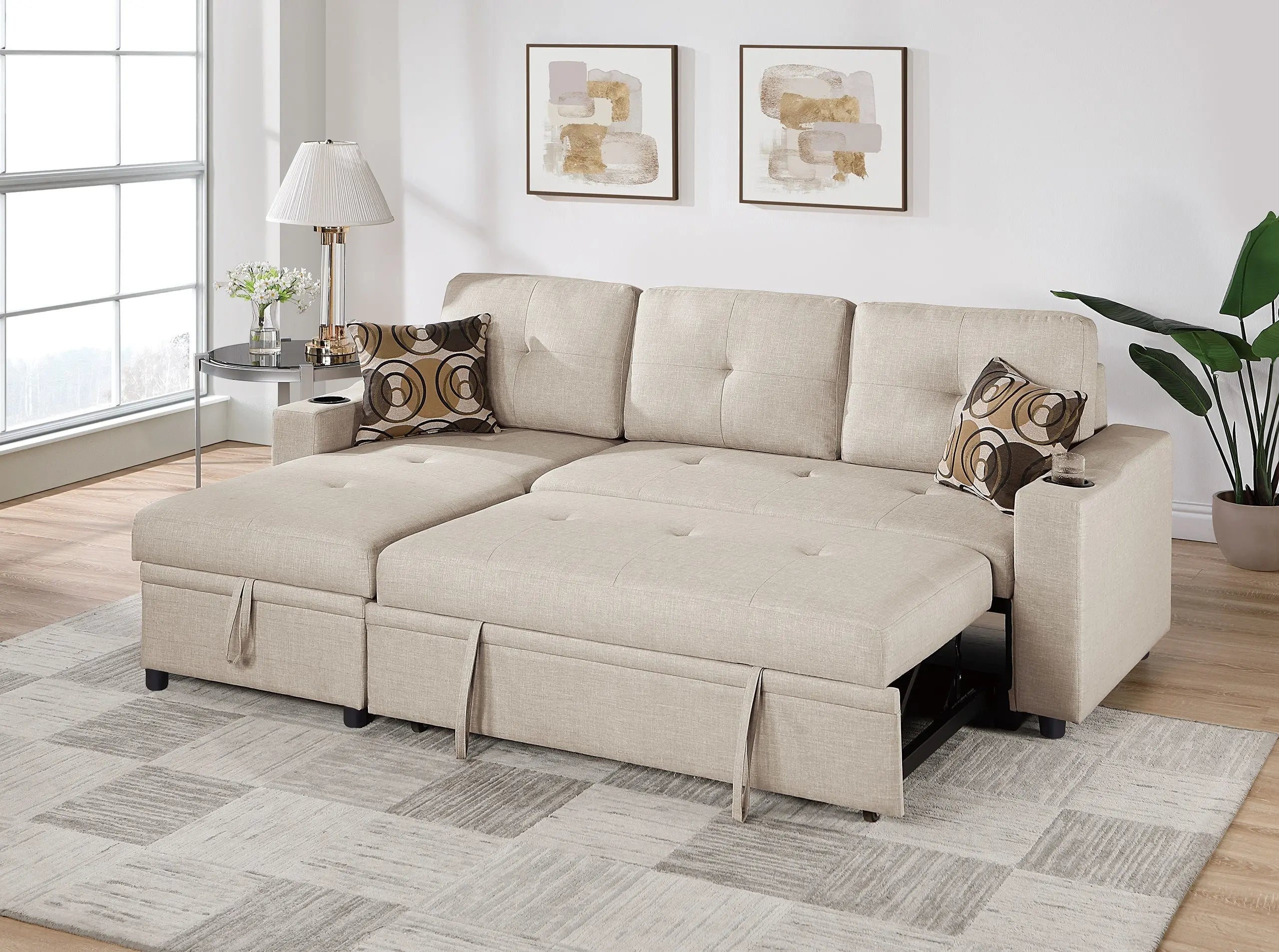 Beige Dorris Fabric Convertible Sectional Sofa Pull out Bed Couch Storage Chaise Cup Holders 2pc Sectional Living Room - VINE GLOBAL
