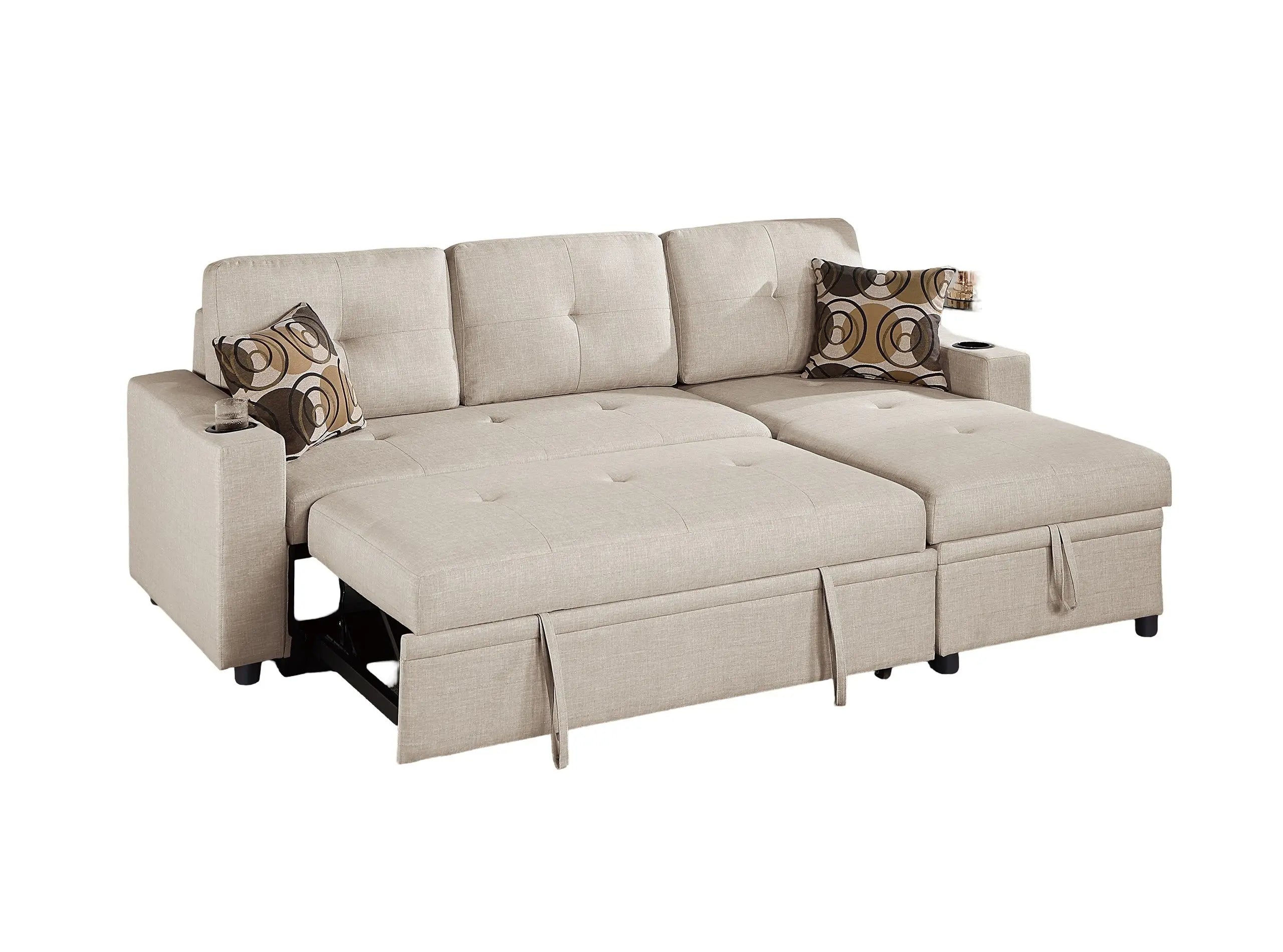 Beige Dorris Fabric Convertible Sectional Sofa Pull out Bed Couch Storage Chaise Cup Holders 2pc Sectional Living Room - VINE GLOBAL
