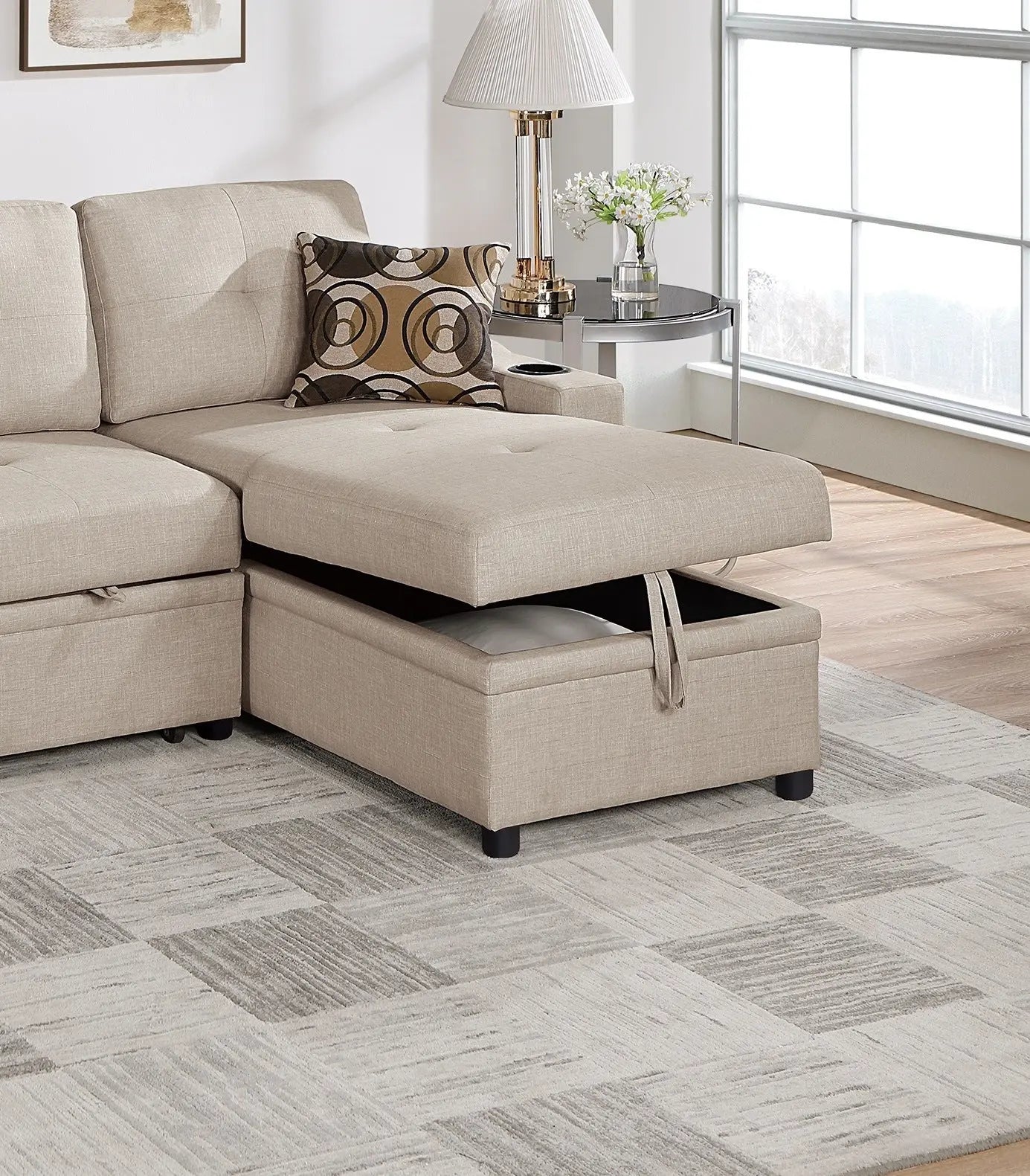 Beige Dorris Fabric Convertible Sectional Sofa Pull out Bed Couch Storage Chaise Cup Holders 2pc Sectional Living Room - VINE GLOBAL