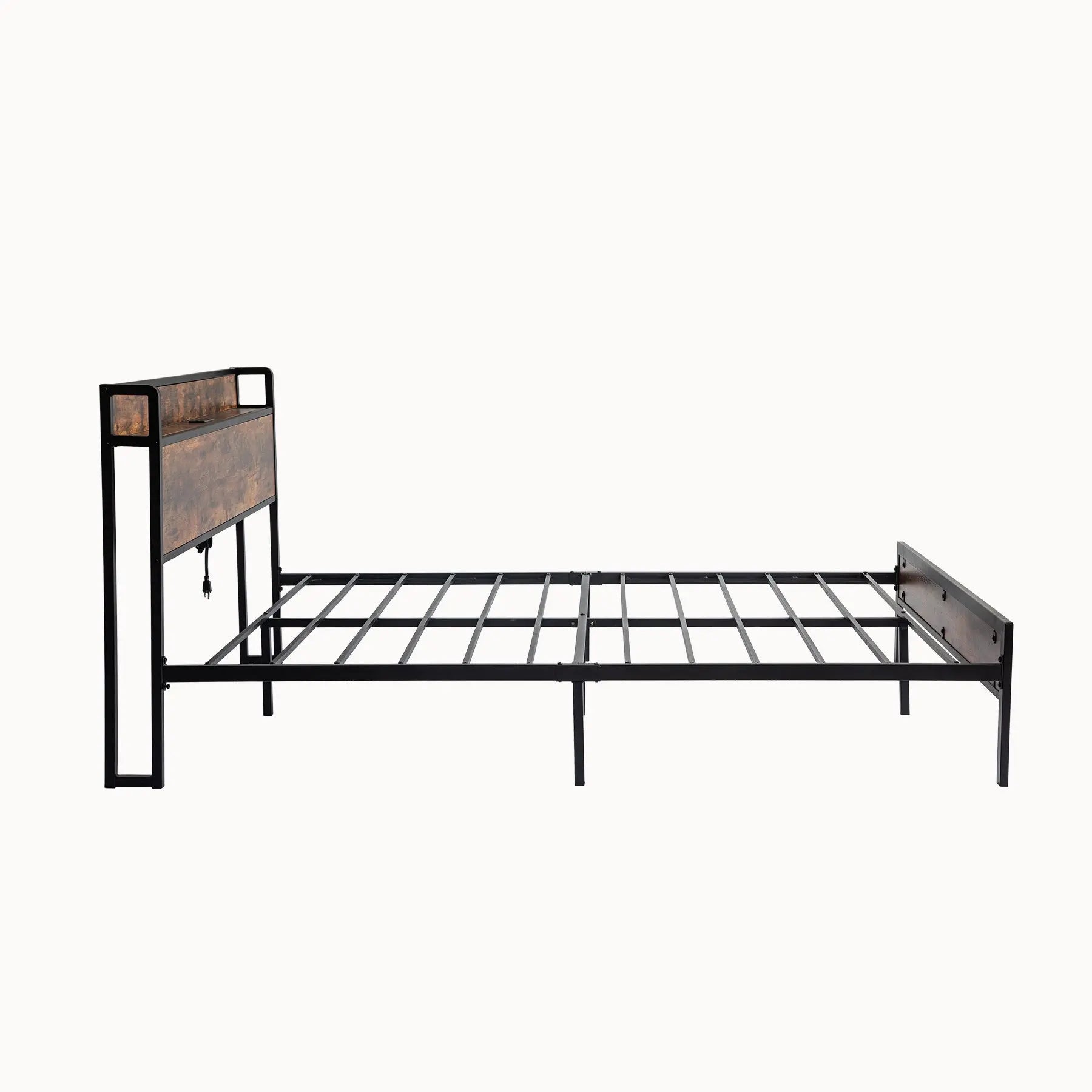 Black Queen Metal Bed Frame with Wooden Headboard and and Footboard and Iron Slats, Rustic Bed Base, Heavy Duty Platform Bed Frame, 12 Inch Underbed Storage/No Springs Required - VINE GLOBAL