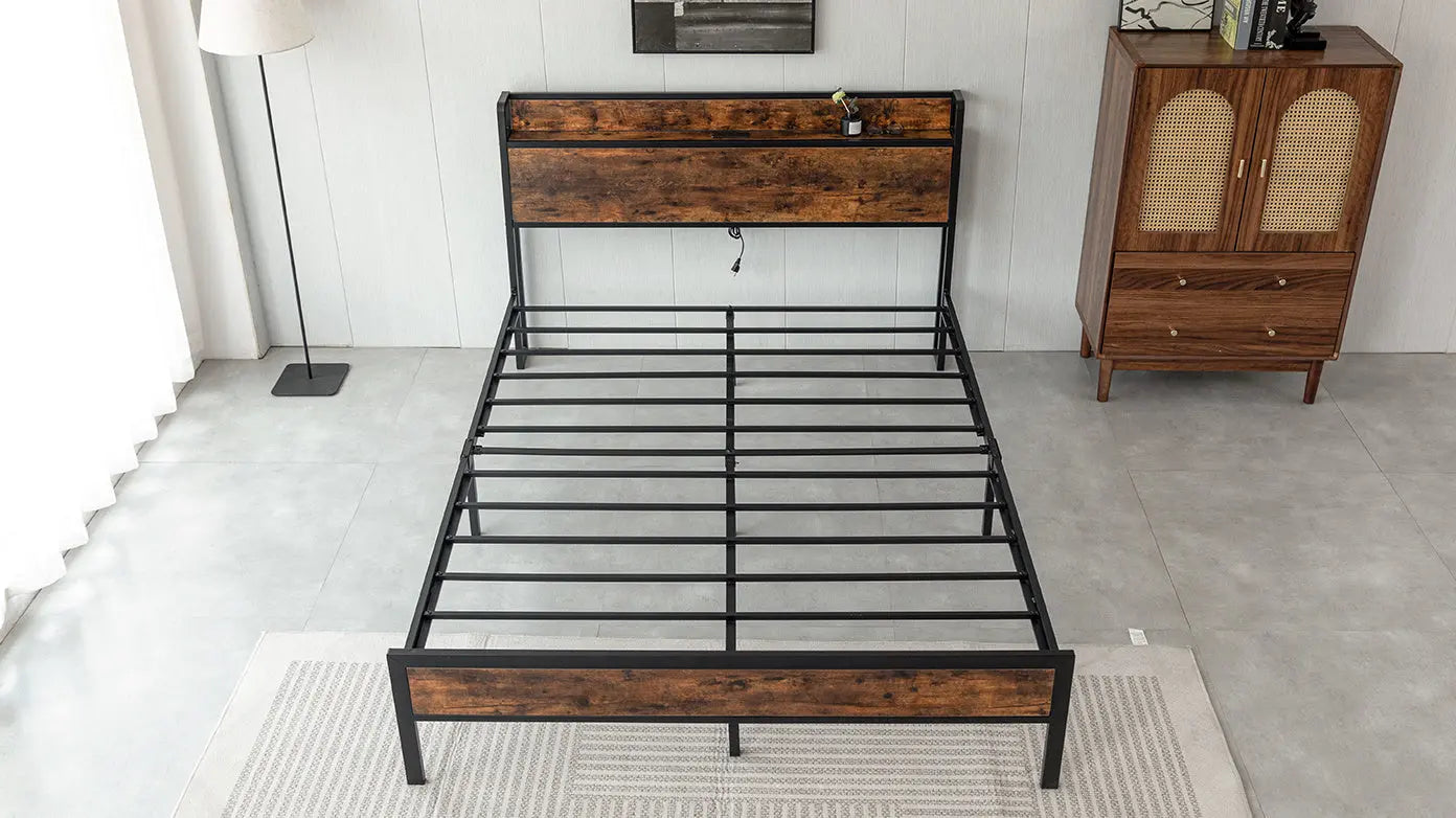 Black Queen Metal Bed Frame with Wooden Headboard and and Footboard and Iron Slats, Rustic Bed Base, Heavy Duty Platform Bed Frame, 12 Inch Underbed Storage/No Springs Required - VINE GLOBAL