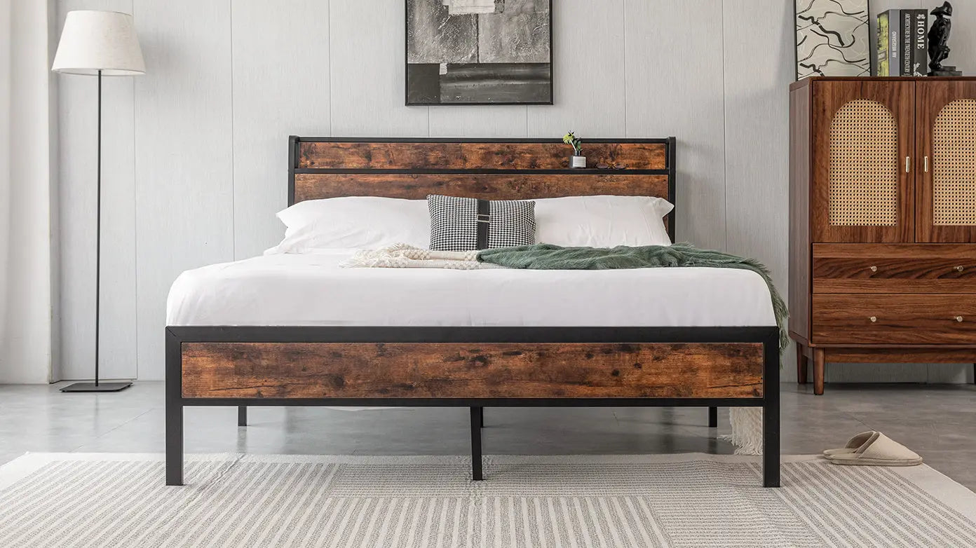 Black Queen Metal Bed Frame with Wooden Headboard and and Footboard and Iron Slats, Rustic Bed Base, Heavy Duty Platform Bed Frame, 12 Inch Underbed Storage/No Springs Required - VINE GLOBAL