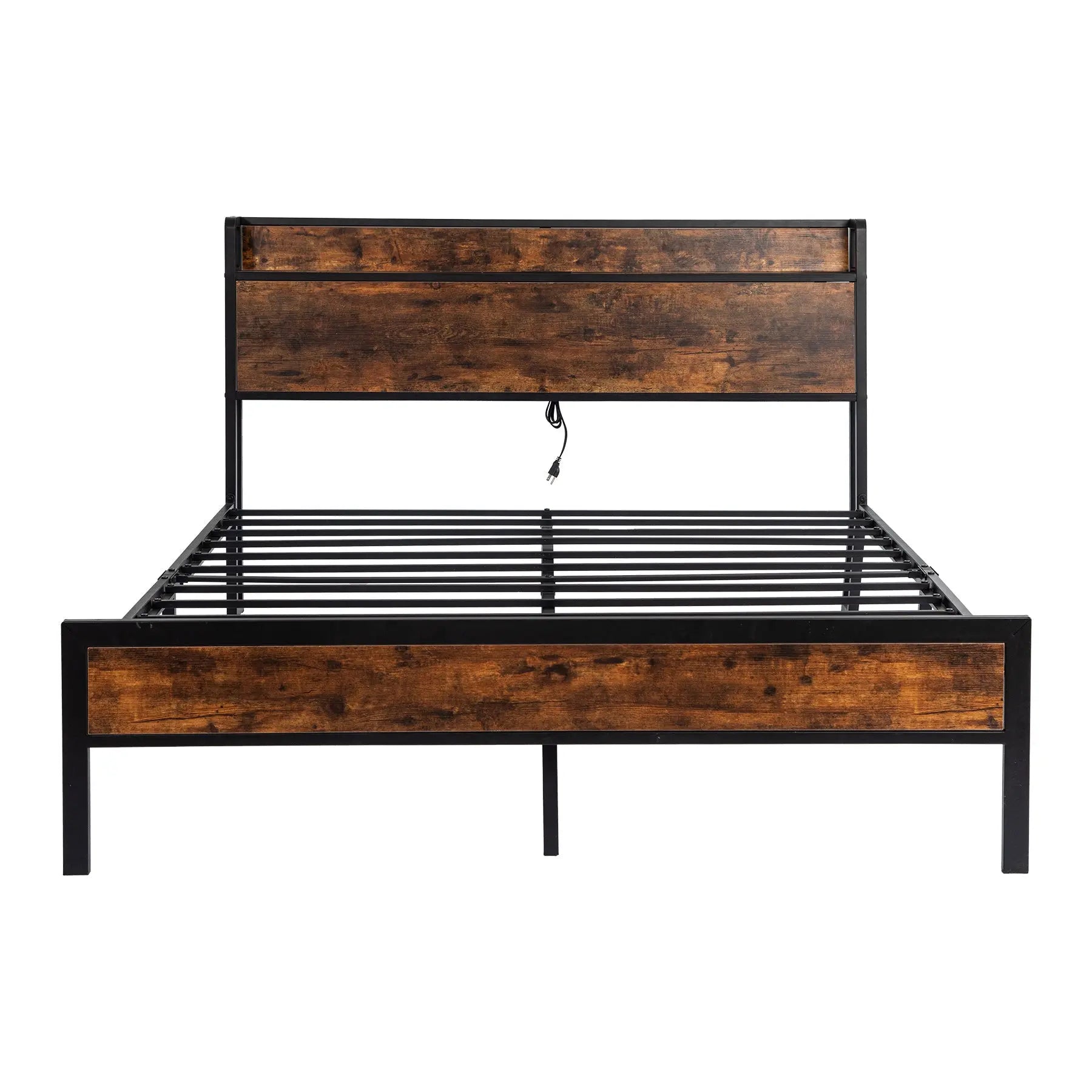 Black Queen Metal Bed Frame with Wooden Headboard and and Footboard and Iron Slats, Rustic Bed Base, Heavy Duty Platform Bed Frame, 12 Inch Underbed Storage/No Springs Required - VINE GLOBAL