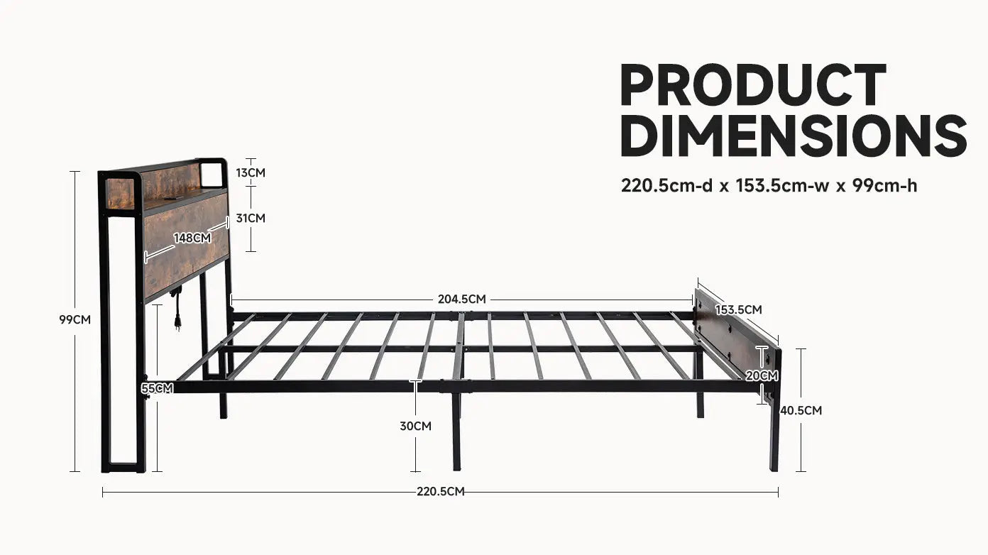 Black Queen Metal Bed Frame with Wooden Headboard and and Footboard and Iron Slats, Rustic Bed Base, Heavy Duty Platform Bed Frame, 12 Inch Underbed Storage/No Springs Required - VINE GLOBAL