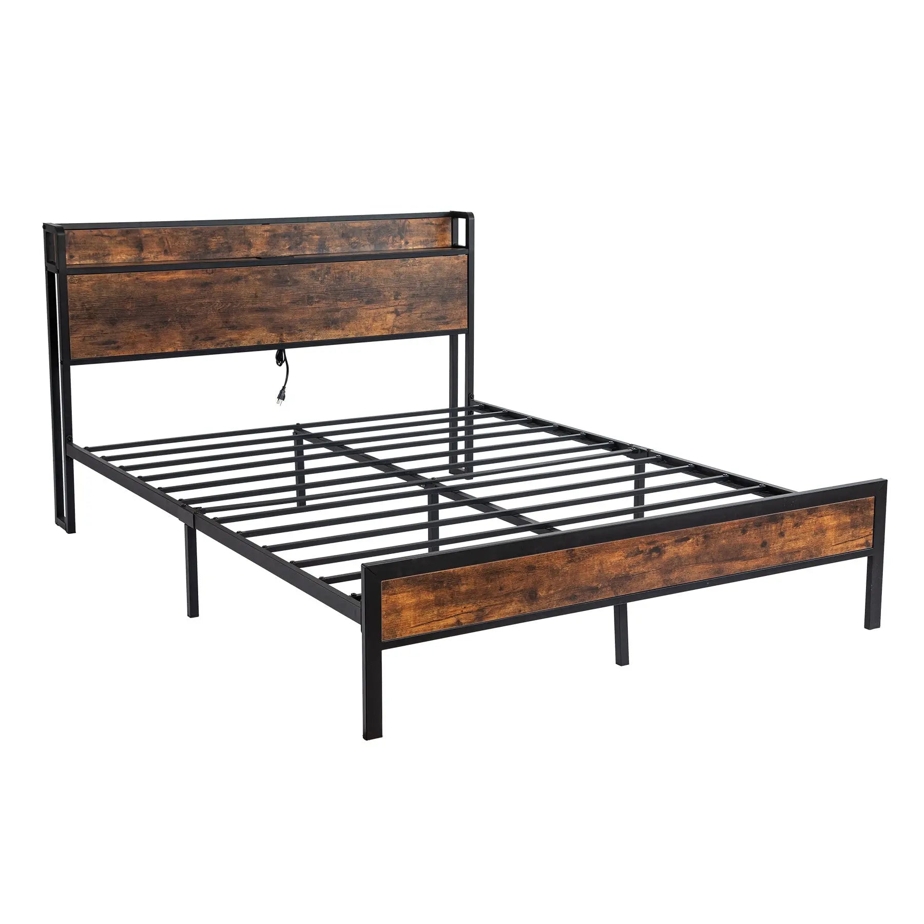 Black Queen Metal Bed Frame with Wooden Headboard and and Footboard and Iron Slats, Rustic Bed Base, Heavy Duty Platform Bed Frame, 12 Inch Underbed Storage/No Springs Required - VINE GLOBAL