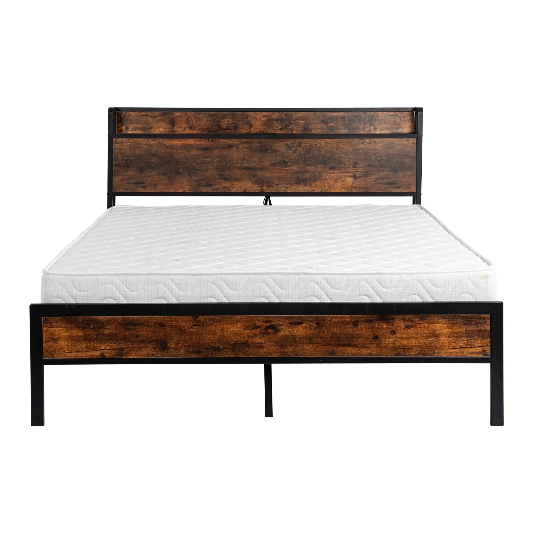 Black Queen Metal Bed Frame with Wooden Headboard and and Footboard and Iron Slats, Rustic Bed Base, Heavy Duty Platform Bed Frame, 12 Inch Underbed Storage/No Springs Required - VINE GLOBAL