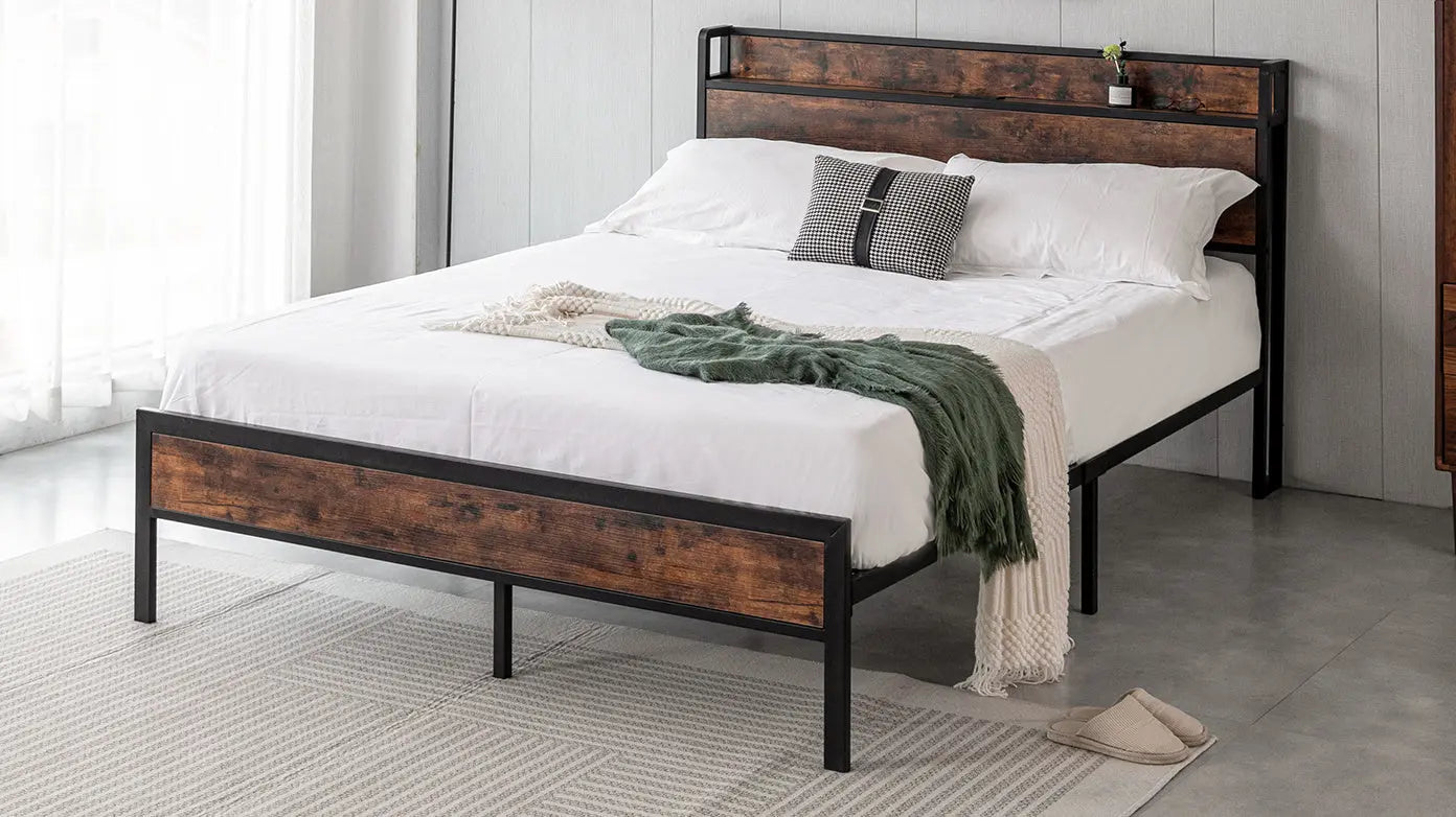 Black Queen Metal Bed Frame with Wooden Headboard and and Footboard and Iron Slats, Rustic Bed Base, Heavy Duty Platform Bed Frame, 12 Inch Underbed Storage/No Springs Required - VINE GLOBAL