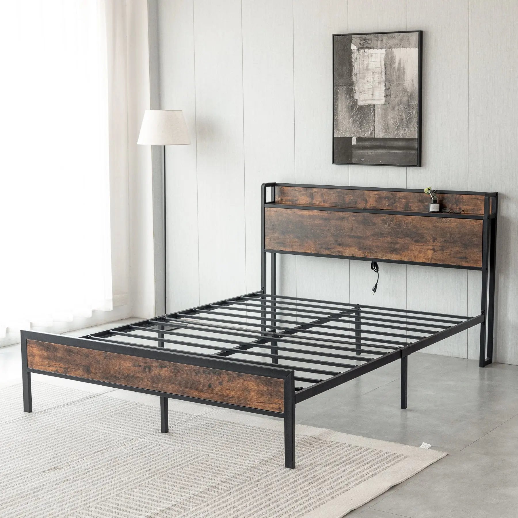Black Queen Metal Bed Frame with Wooden Headboard and and Footboard and Iron Slats, Rustic Bed Base, Heavy Duty Platform Bed Frame, 12 Inch Underbed Storage/No Springs Required - VINE GLOBAL