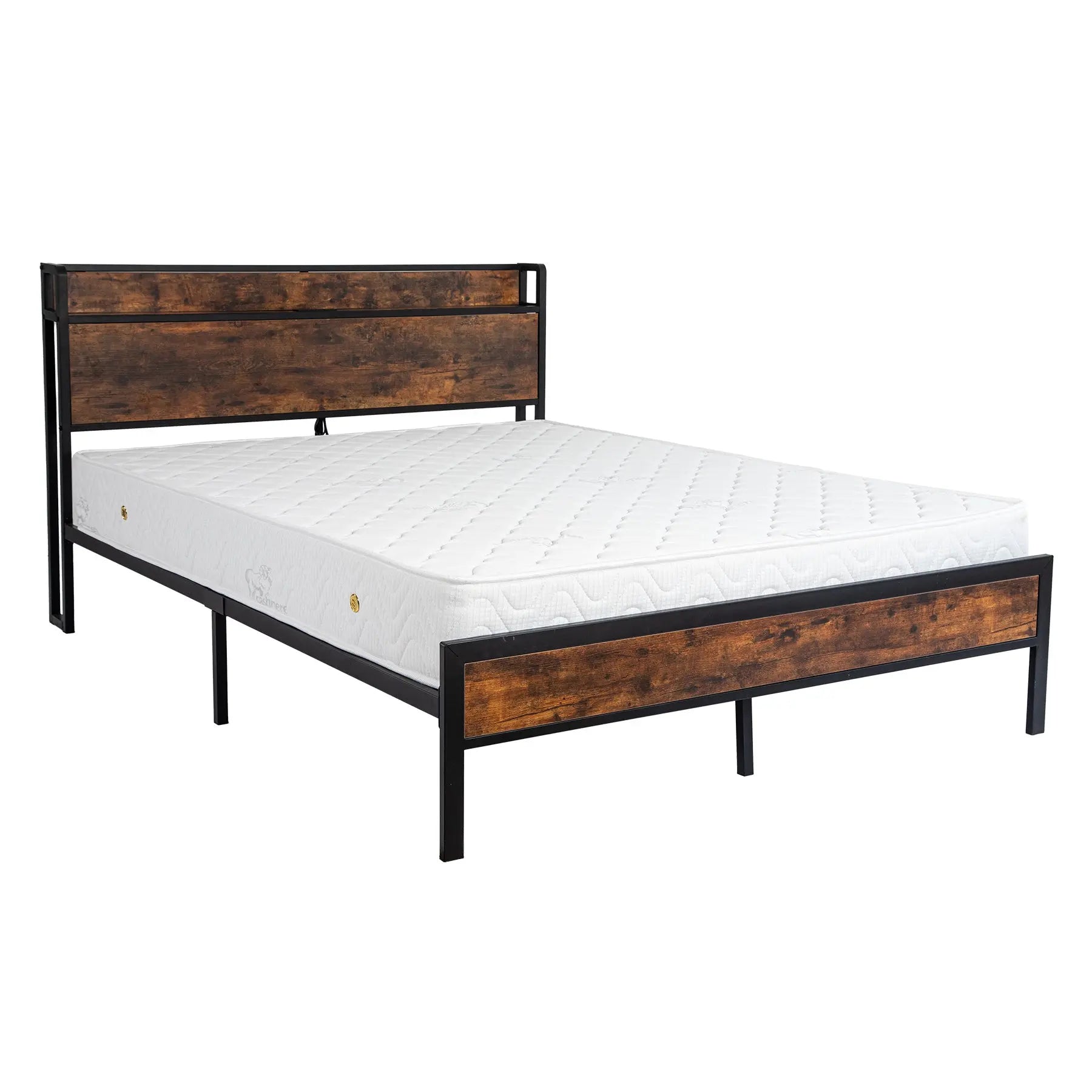 Black Queen Metal Bed Frame with Wooden Headboard and and Footboard and Iron Slats, Rustic Bed Base, Heavy Duty Platform Bed Frame, 12 Inch Underbed Storage/No Springs Required - VINE GLOBAL