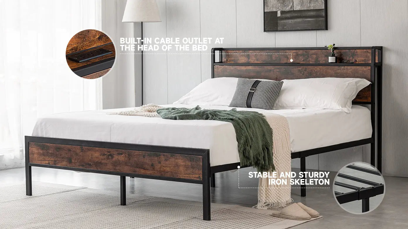 Black Queen Metal Bed Frame with Wooden Headboard and and Footboard and Iron Slats, Rustic Bed Base, Heavy Duty Platform Bed Frame, 12 Inch Underbed Storage/No Springs Required - VINE GLOBAL