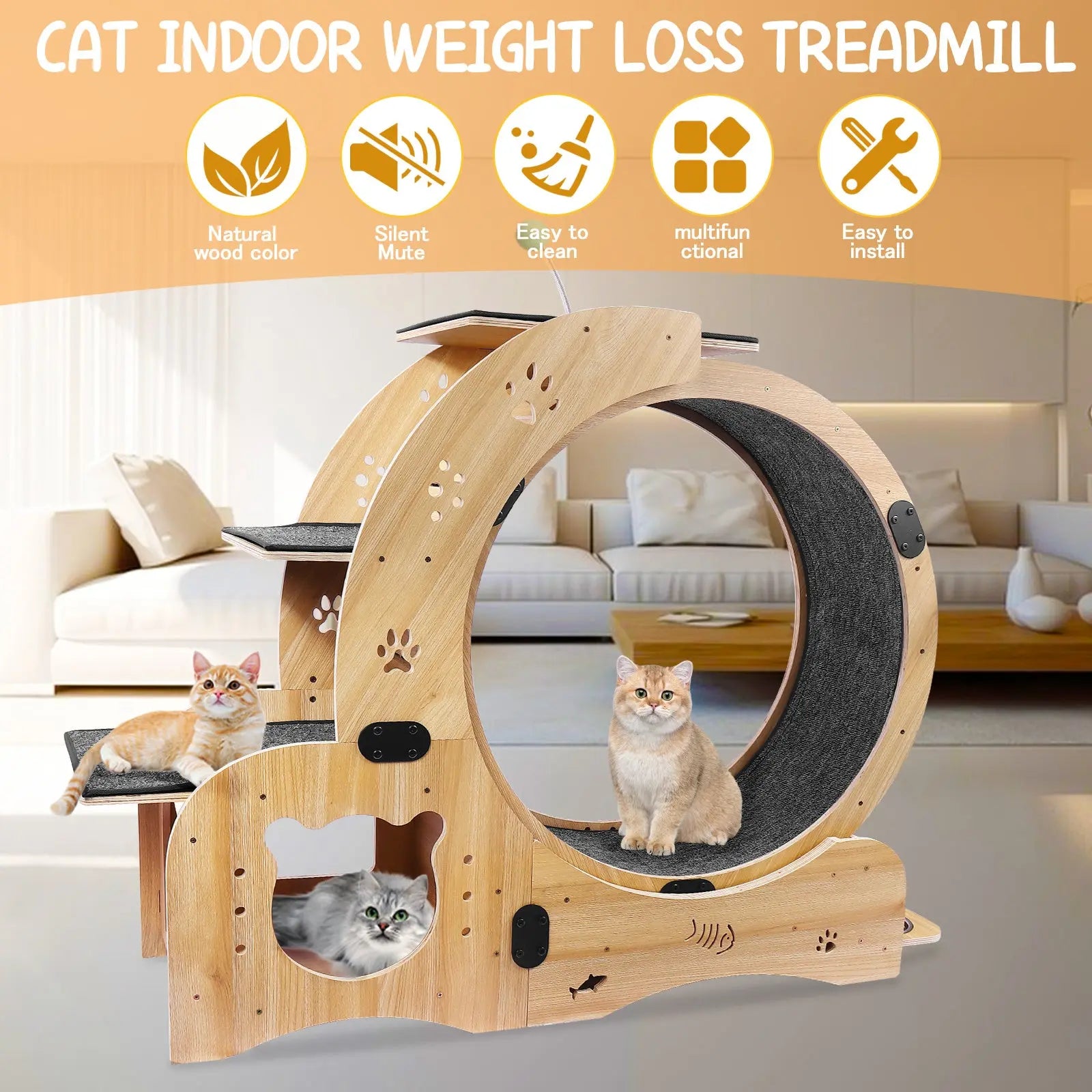 Cat Wheel 4-in-1 Cat Exercise Wheel,Upgraded Cat Wheel Exerciser for Indoor Cats,Large Cat Treadmill,Cat Running Wheel with Silent Wheel,Cat Walking Wheel Cat Furniture Cat Toys - VINE GLOBAL