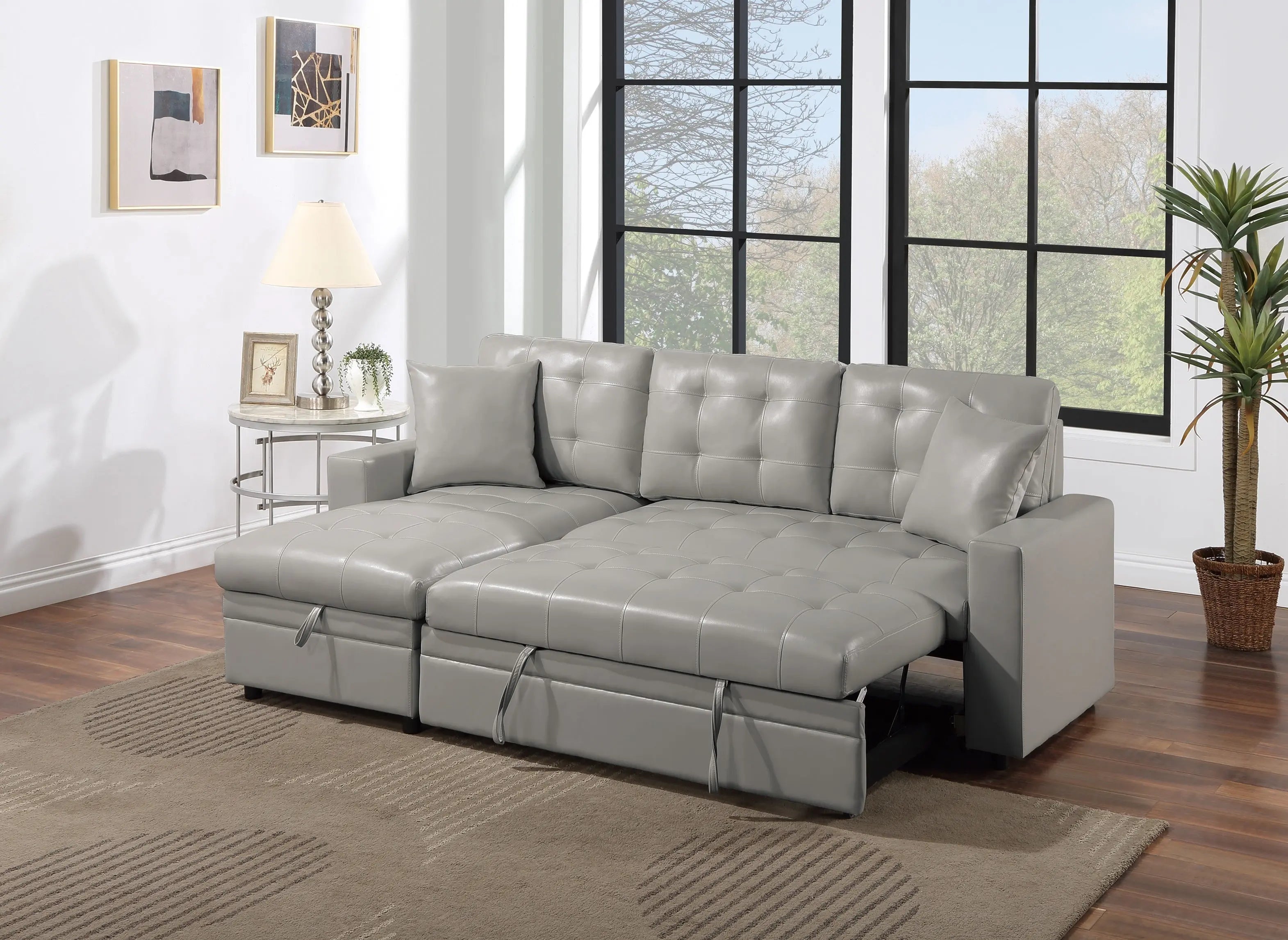 Light Gray Faux Leather Convertible Sectional Sofa Pull out Bed Couch Storage Chaise Tufted Reversible 2pc Sectional Living Room - VINE GLOBAL