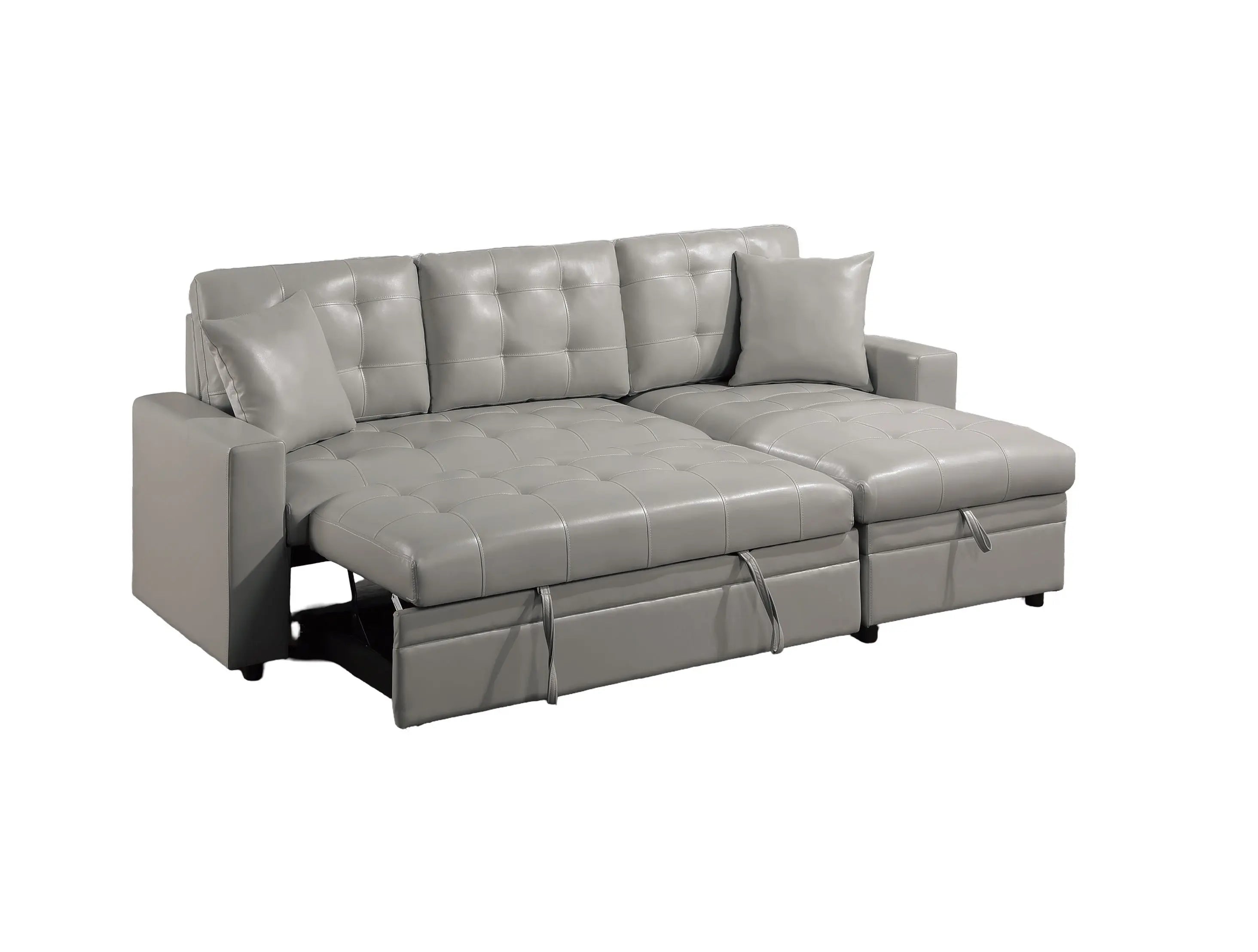 Light Gray Faux Leather Convertible Sectional Sofa Pull out Bed Couch Storage Chaise Tufted Reversible 2pc Sectional Living Room - VINE GLOBAL