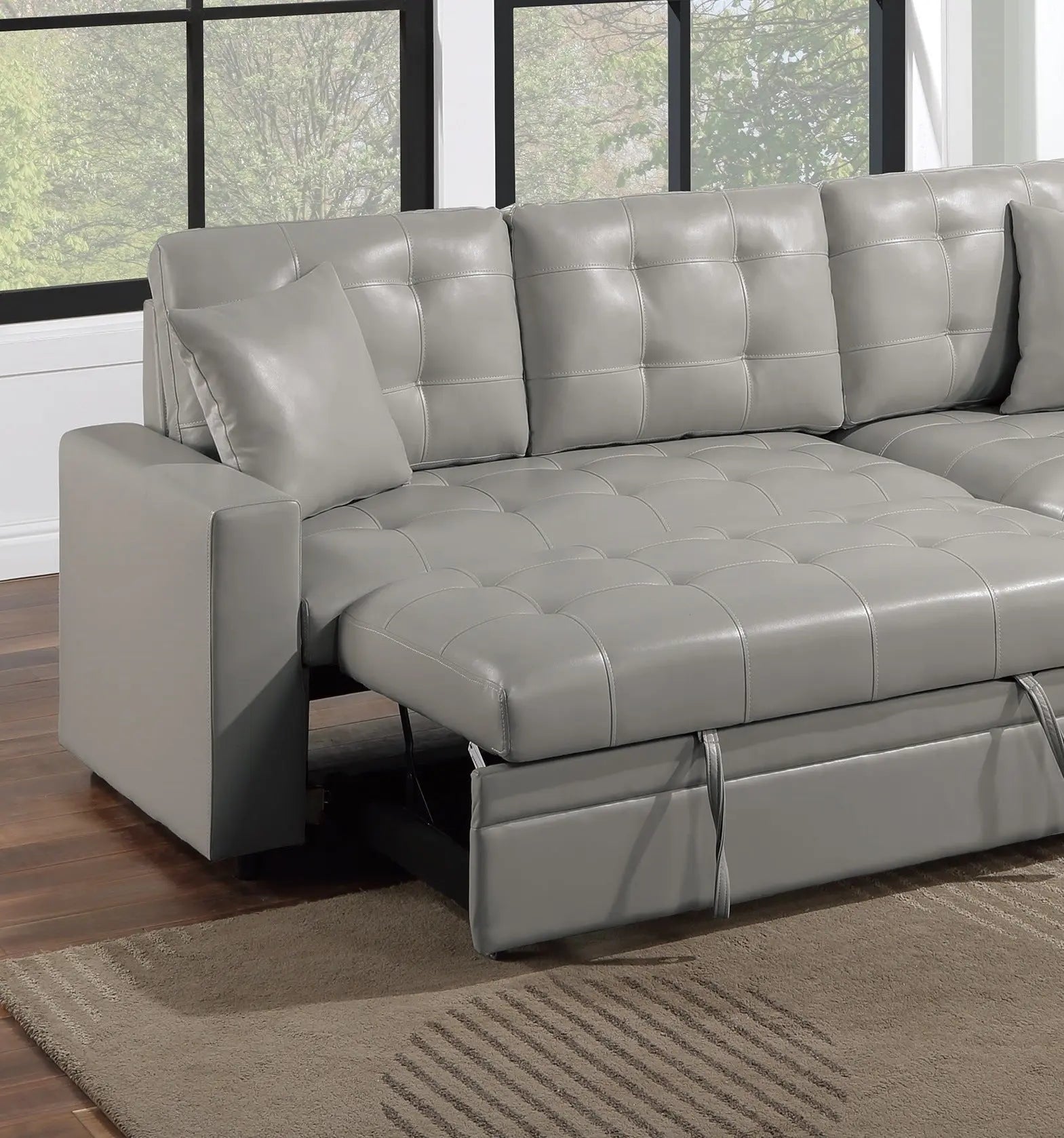 Light Gray Faux Leather Convertible Sectional Sofa Pull out Bed Couch Storage Chaise Tufted Reversible 2pc Sectional Living Room - VINE GLOBAL