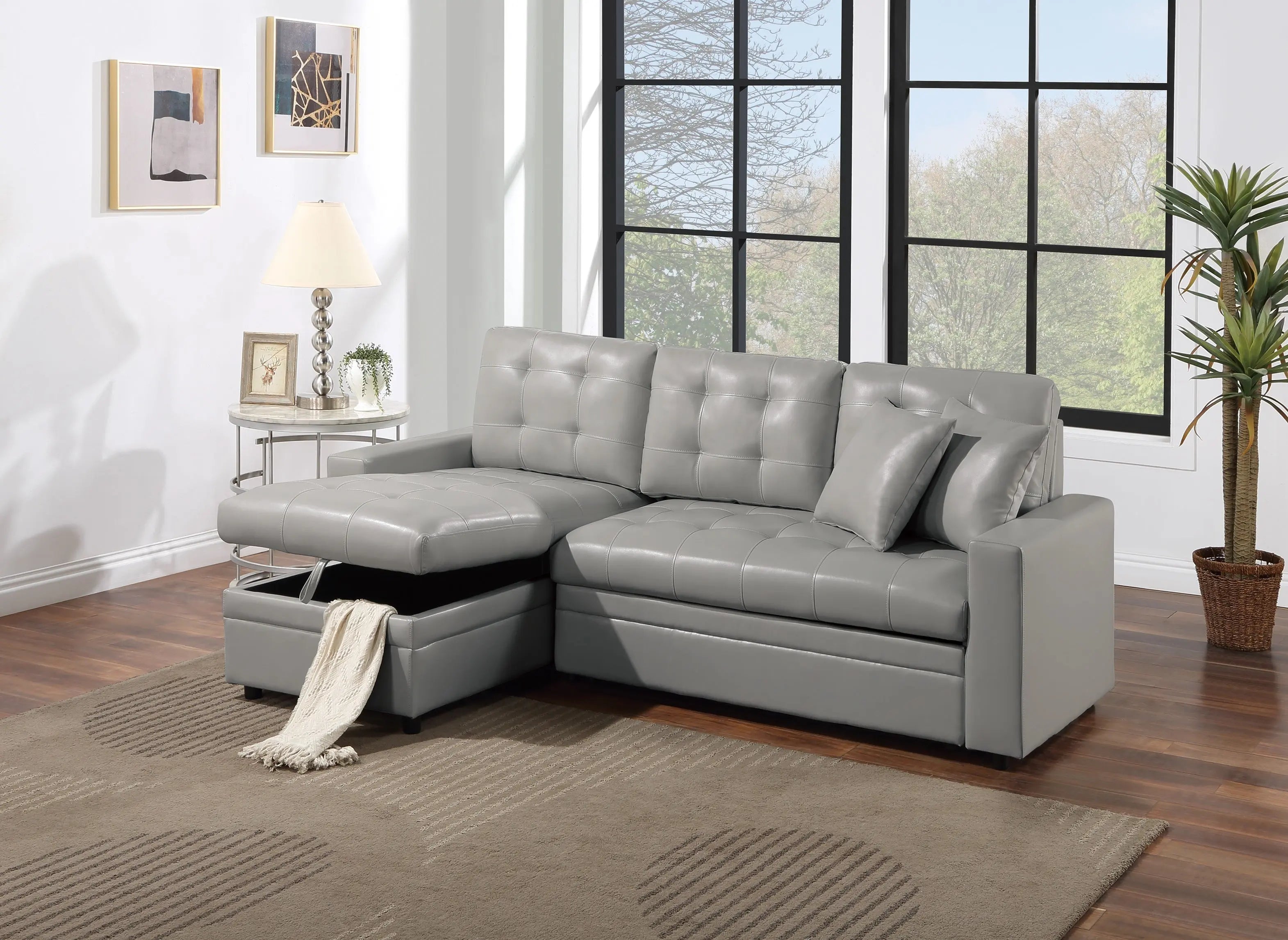 Light Gray Faux Leather Convertible Sectional Sofa Pull out Bed Couch Storage Chaise Tufted Reversible 2pc Sectional Living Room - VINE GLOBAL