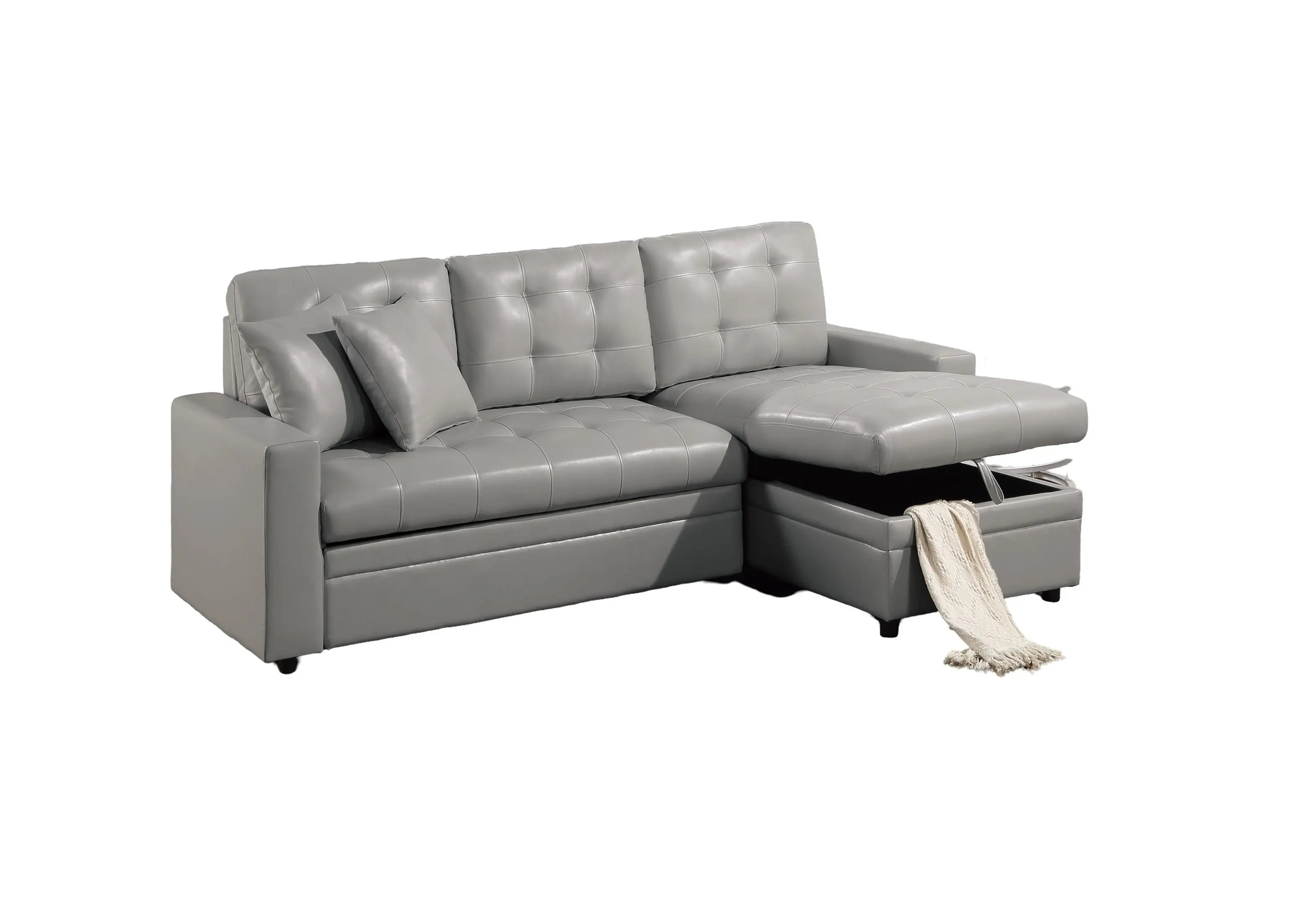 Light Gray Faux Leather Convertible Sectional Sofa Pull out Bed Couch Storage Chaise Tufted Reversible 2pc Sectional Living Room - VINE GLOBAL