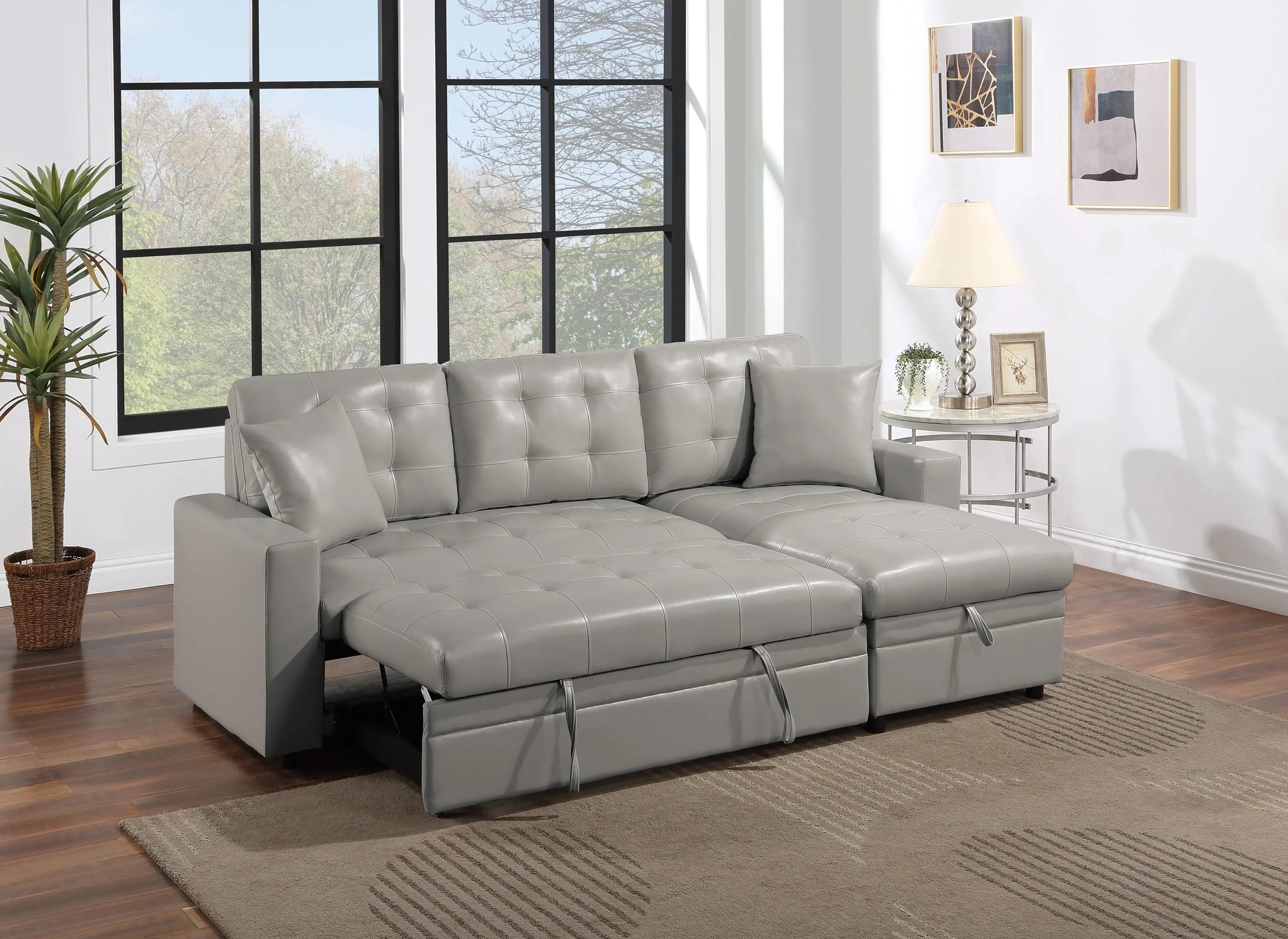 Light Gray Faux Leather Convertible Sectional Sofa Pull out Bed Couch Storage Chaise Tufted Reversible 2pc Sectional Living Room - VINE GLOBAL