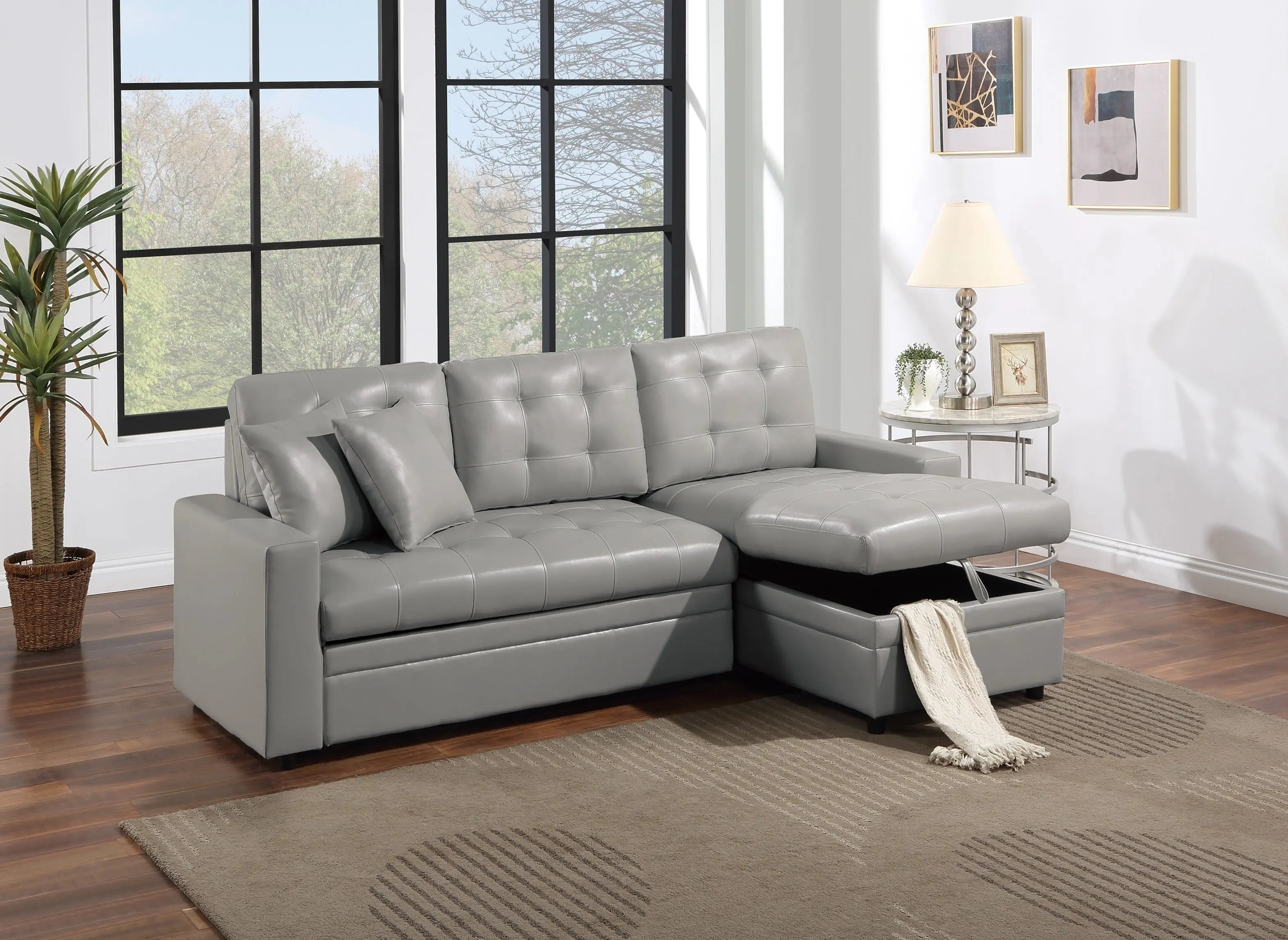 Light Gray Faux Leather Convertible Sectional Sofa Pull out Bed Couch Storage Chaise Tufted Reversible 2pc Sectional Living Room - VINE GLOBAL