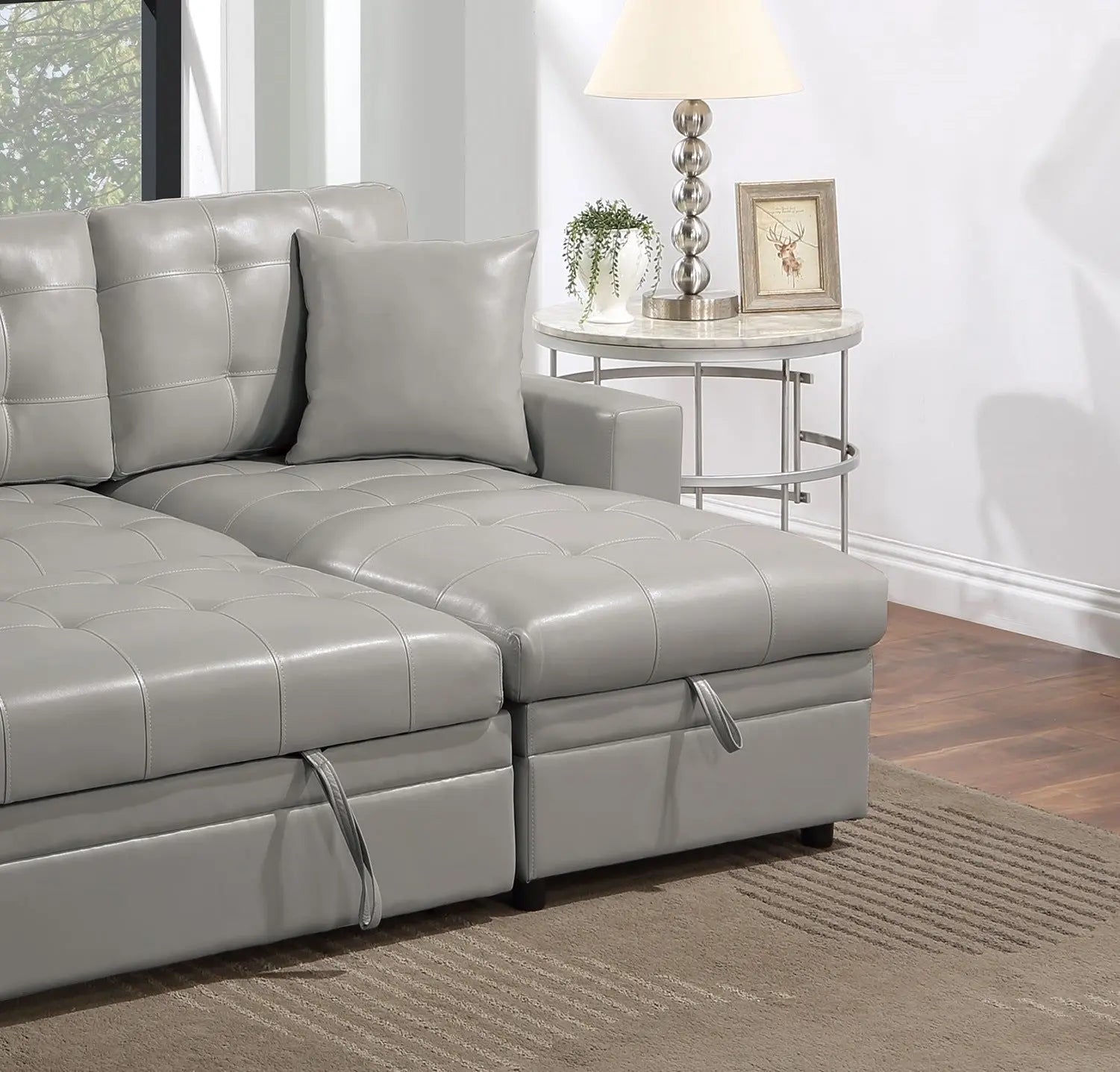 Light Gray Faux Leather Convertible Sectional Sofa Pull out Bed Couch Storage Chaise Tufted Reversible 2pc Sectional Living Room - VINE GLOBAL