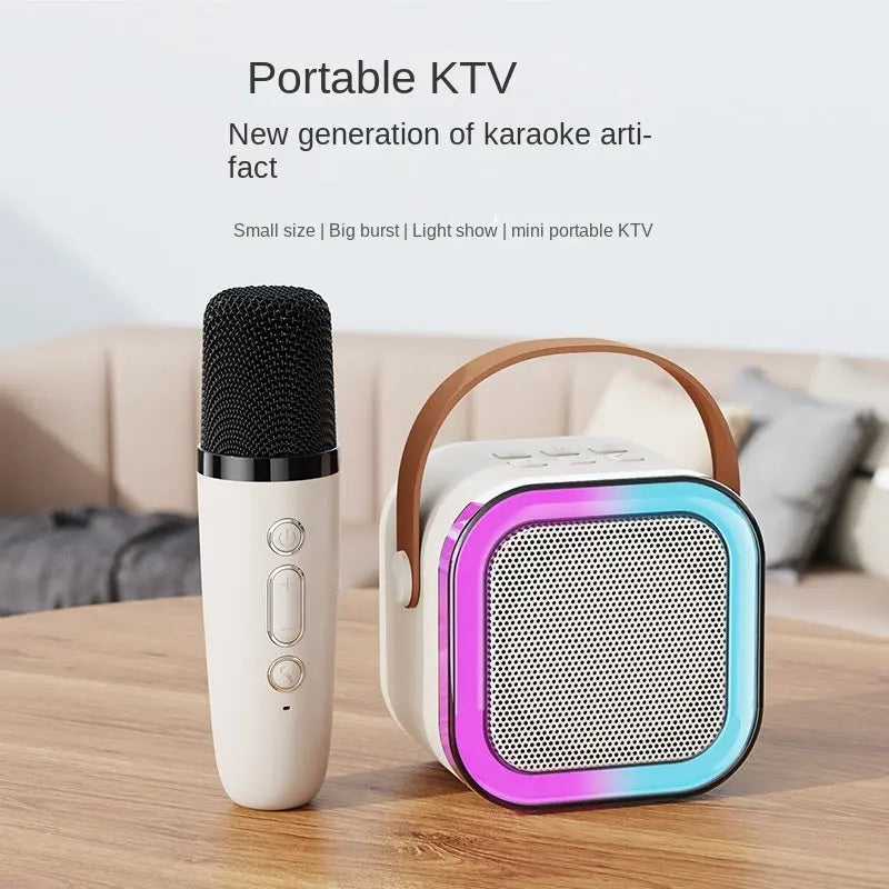 Children's and adult karaoke machine, mini portable Bluetooth karaoke speaker with 2 wireless microphones and dynamic lights, birthday gift, home KTV, outdoor, travel - VINE GLOBAL