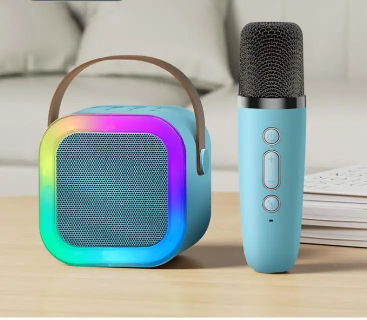 Children's and adult karaoke machine, mini portable Bluetooth karaoke speaker with 2 wireless microphones and dynamic lights, birthday gift, home KTV, outdoor, travel - VINE GLOBAL