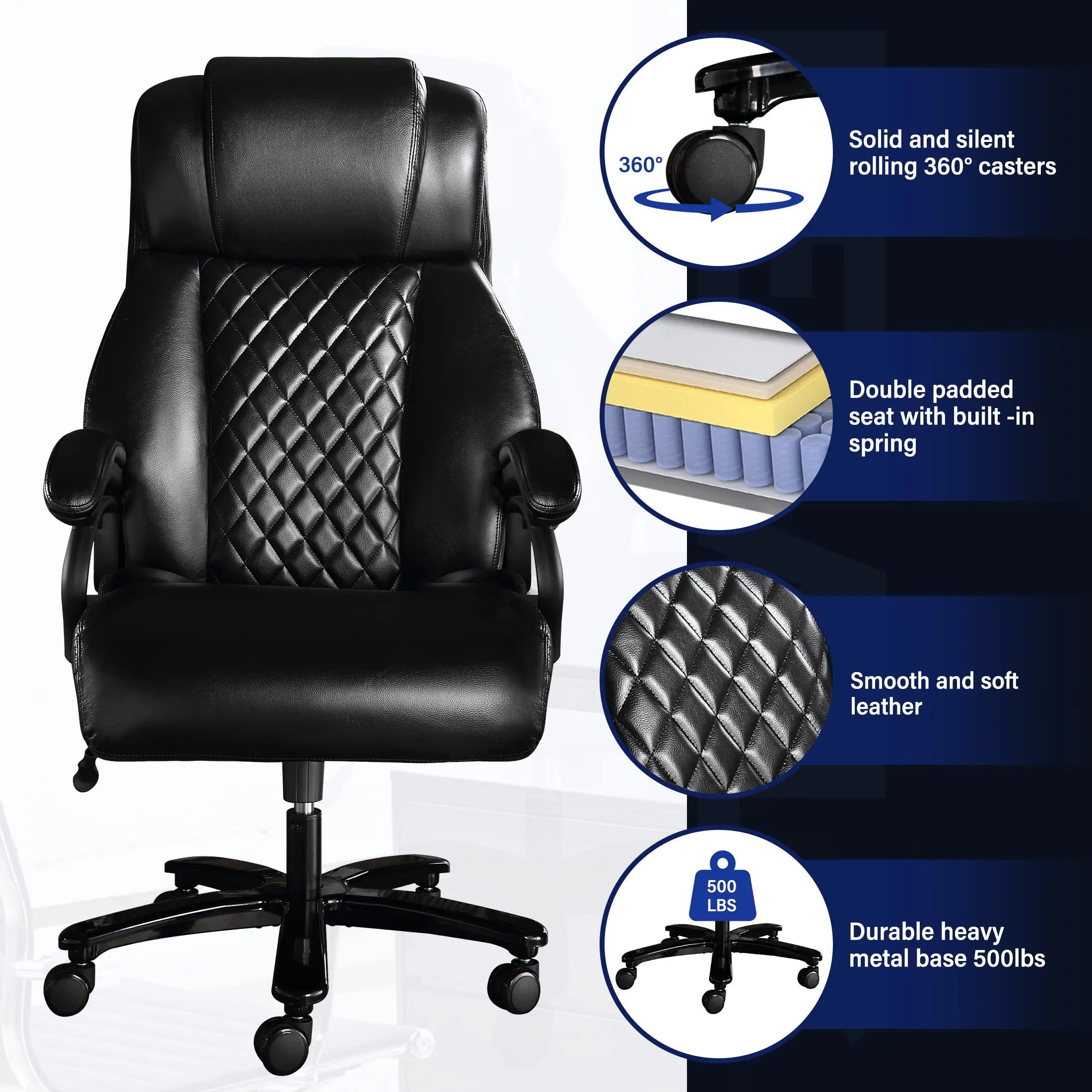 Big and Tall Office Chair, 500lbs High Back Large Executive Chair with Electric Airbag Heating High Back Computer Chair with Wide Seat, Black Ergonomic Leather Rocking Chair - VINE GLOBAL