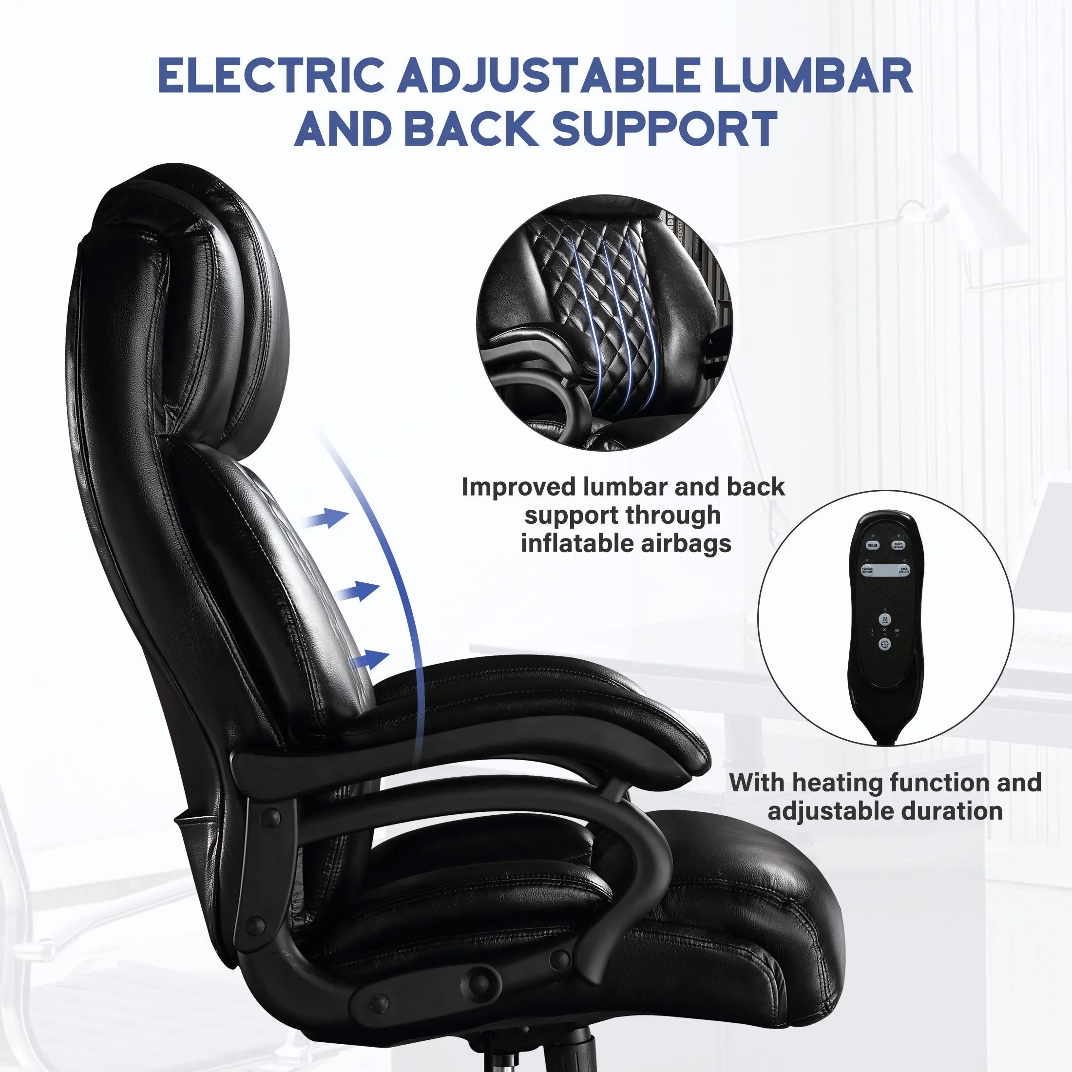 Big and Tall Office Chair, 500lbs High Back Large Executive Chair with Electric Airbag Heating High Back Computer Chair with Wide Seat, Black Ergonomic Leather Rocking Chair - VINE GLOBAL