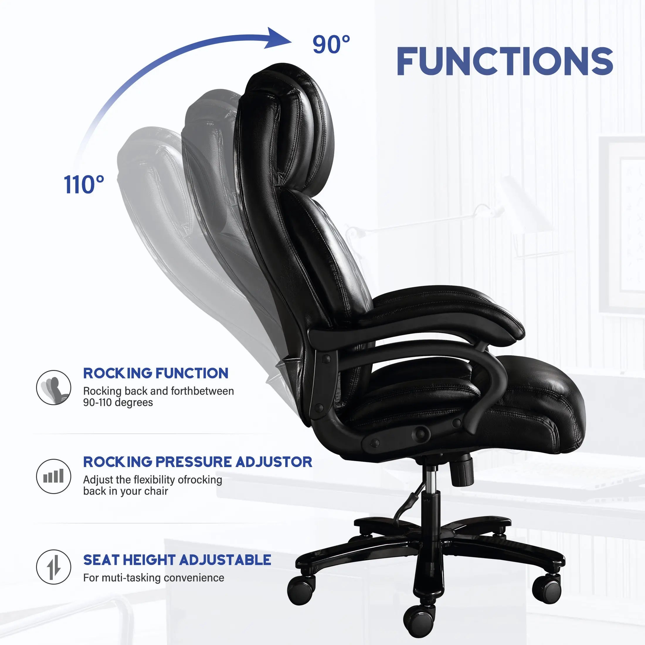 Big and Tall Office Chair, 500lbs High Back Large Executive Chair with Electric Airbag Heating High Back Computer Chair with Wide Seat, Black Ergonomic Leather Rocking Chair - VINE GLOBAL