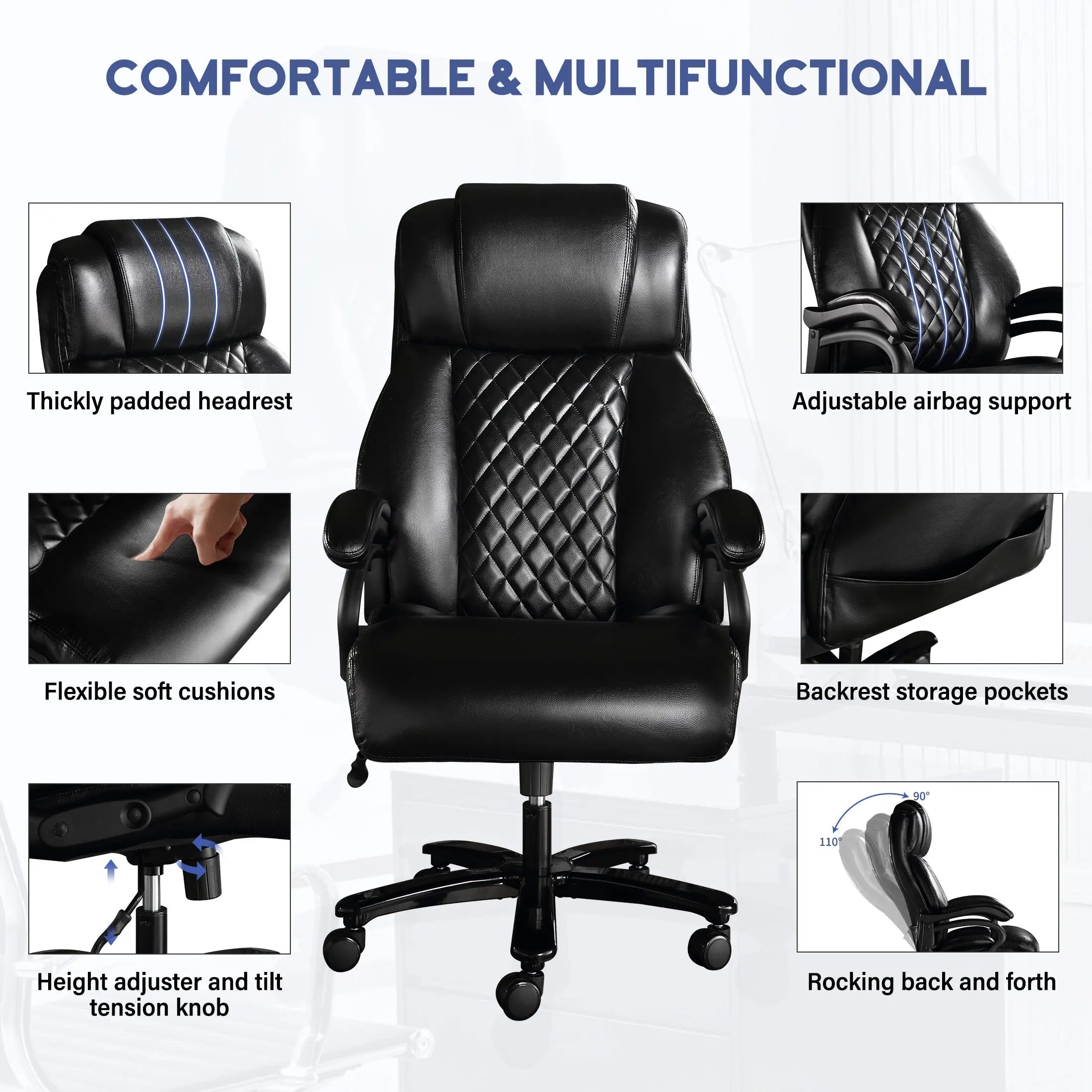 Big and Tall Office Chair, 500lbs High Back Large Executive Chair with Electric Airbag Heating High Back Computer Chair with Wide Seat, Black Ergonomic Leather Rocking Chair - VINE GLOBAL