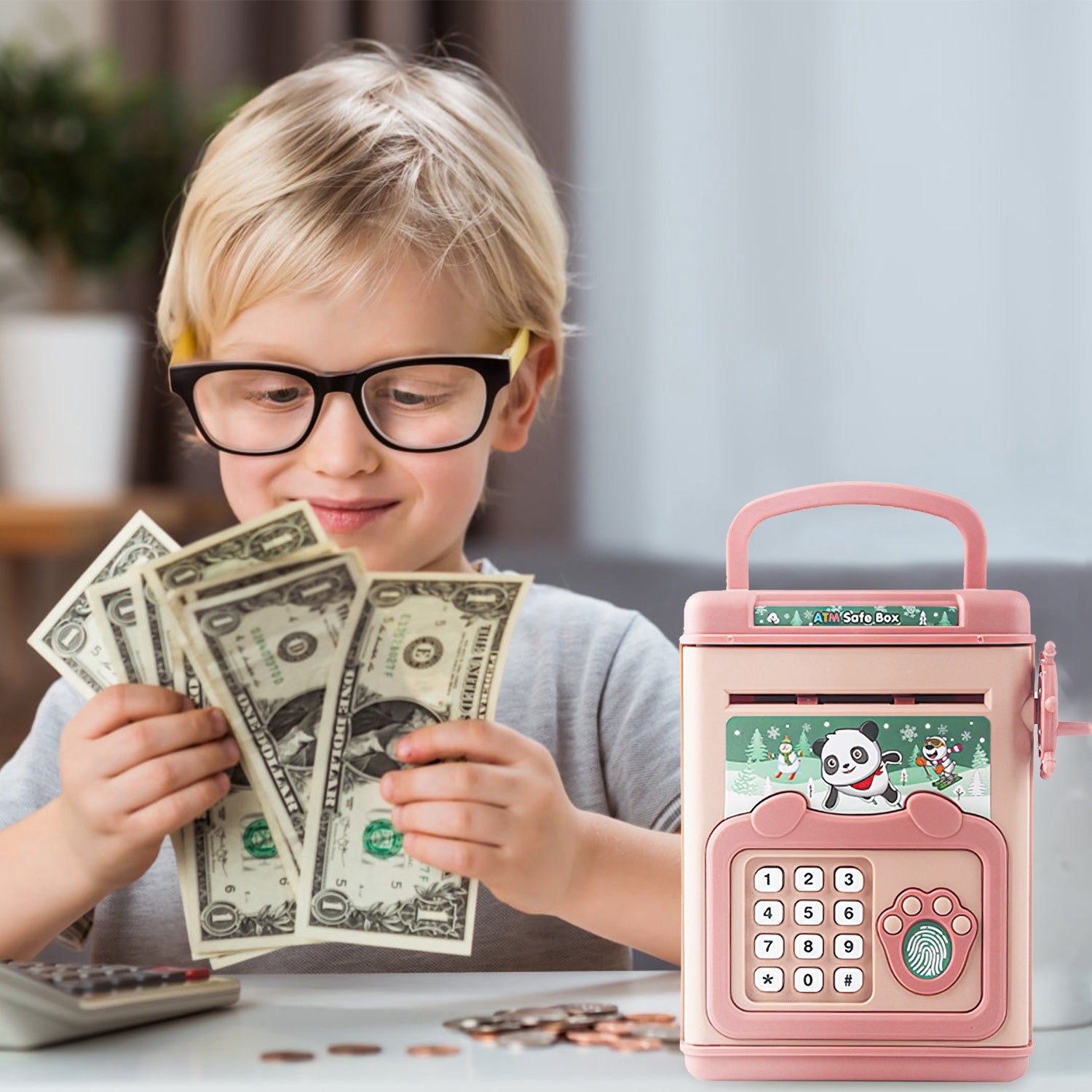 Piggy Bank Toy Cash Coin Money Bank Money Saving Box with Password Fingerprint Voice Prompt Folding Handle for 3+ Years Old Boys Girls - VINE GLOBAL