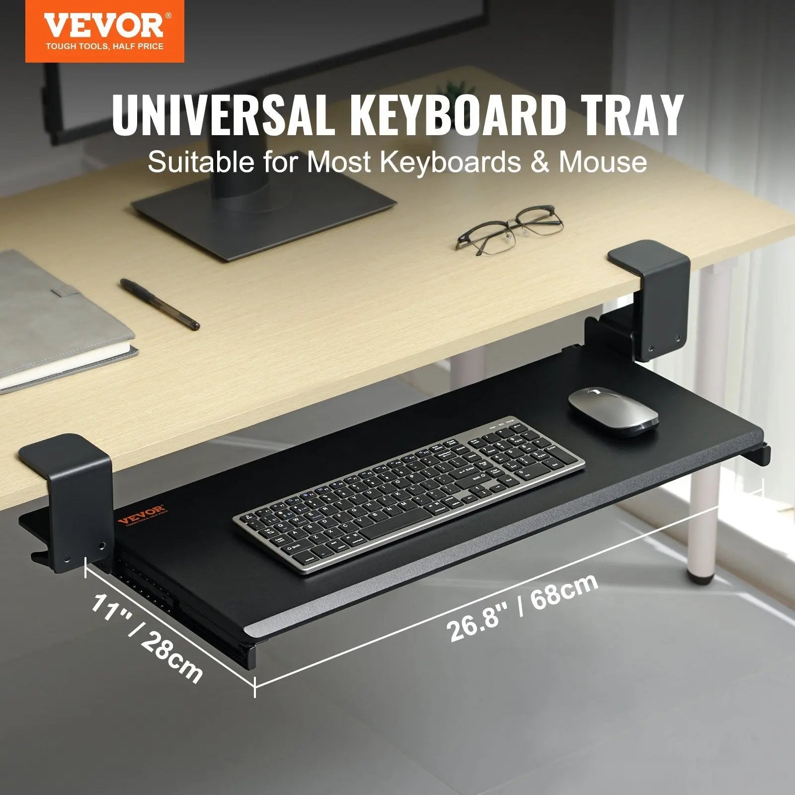 VEVOR Keyboard Tray Under Desk, Pull out Keyboard/Mouse Tray Under Desk with Sturdy No-drill C Clamp Mount, Large 26.8 x 11 inch Slide-out Computer Drawer for Typing in Home, Office Work - VINE GLOBAL