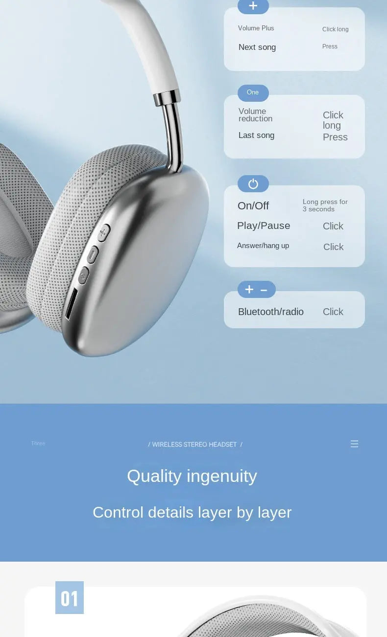 New  P9 Pro  Max Wireless Bluetooth Headphones HiFi Stereo Noise Cancelling Waterproof Mic Pods Over Ear Sports - VINE GLOBAL