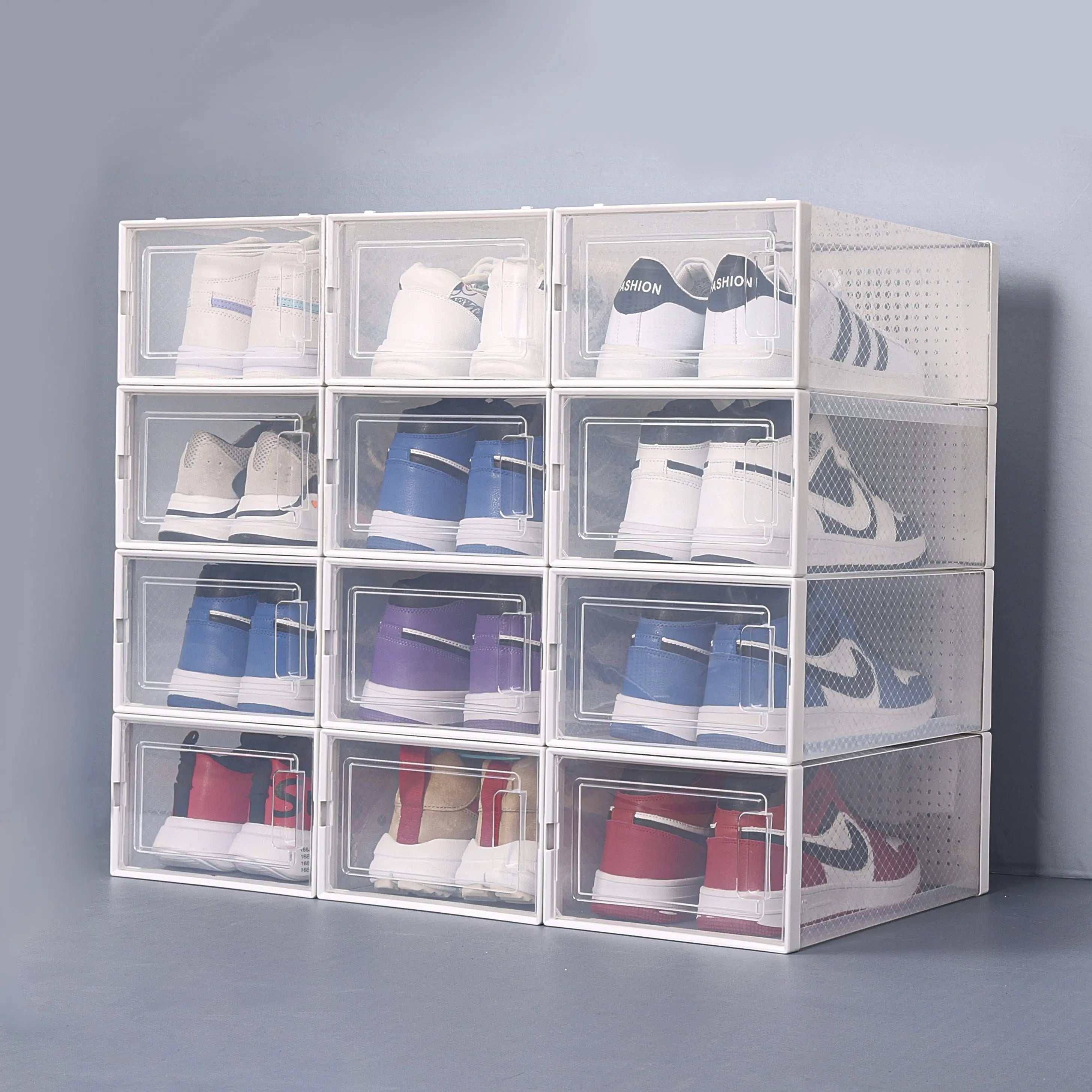 Set of 12 Stackable Clear Plastic Transparent Shoe Storage Box in Home - VINE GLOBAL