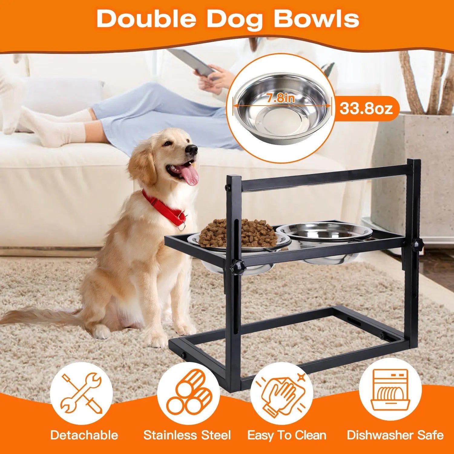 Dog Raised Bowls with 4.1 to 12.4in Adjustable Height Stainless Steel Elevated Double Dog Bowls with Bell Name Plate for Small Medium Large Dogs - VINE GLOBAL