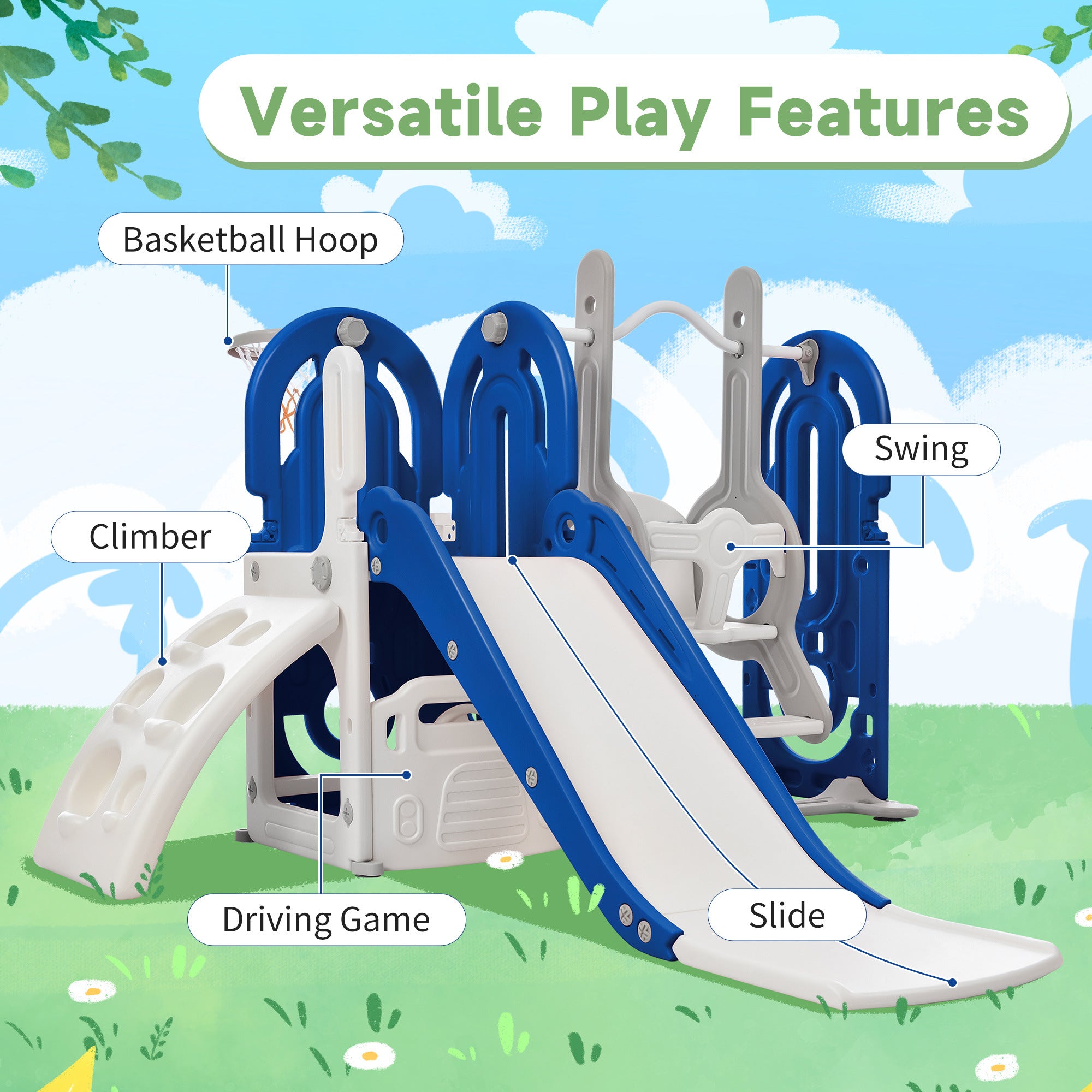 Toddler Slide and Swing Set 5 in 1; Kids Playground Climber Slide Playset with Basketball Hoop Freestanding Combination for Babies Indoor & Outdoor - VINE GLOBAL
