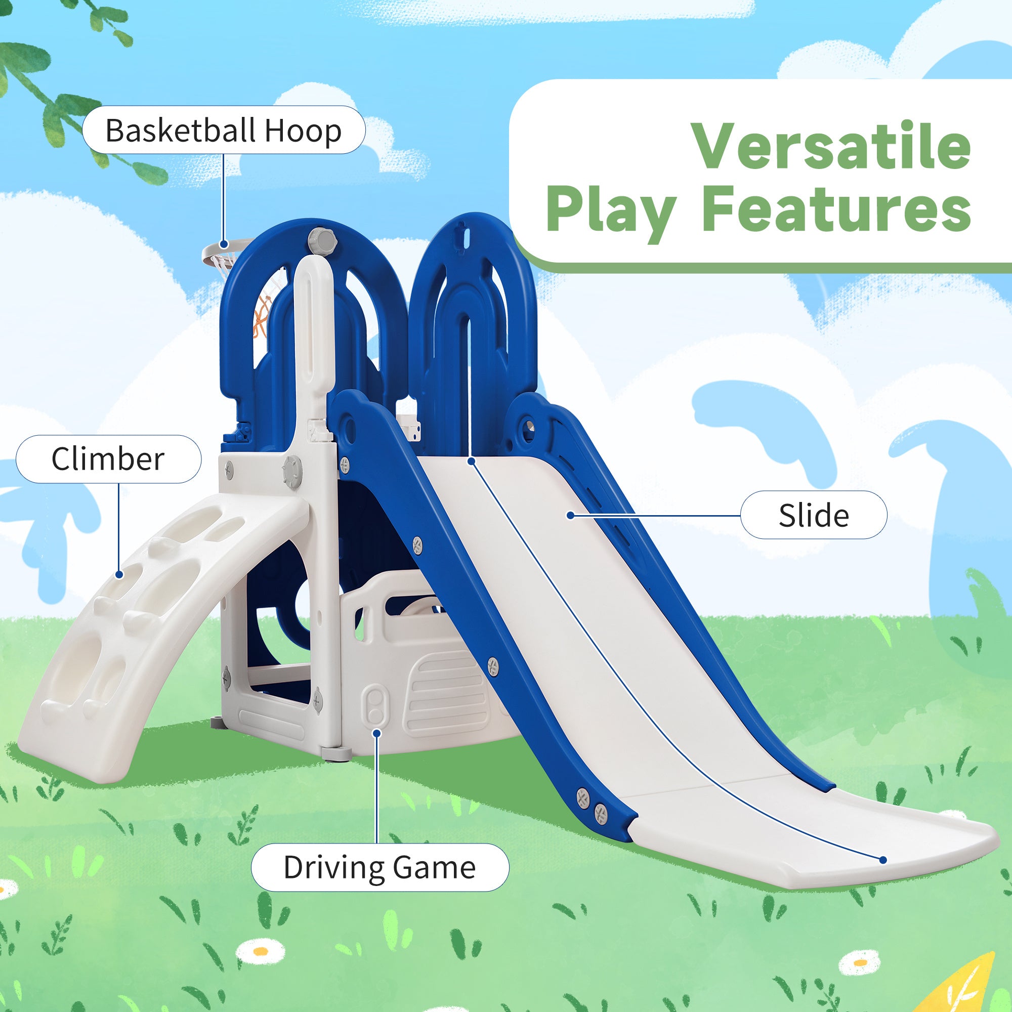 Toddler Climber and Slide Set 4 in 1; Kids Playground Climber Freestanding Slide Playset with Basketball Hoop Play Combination for Babies Indoor & Outdoor - VINE GLOBAL