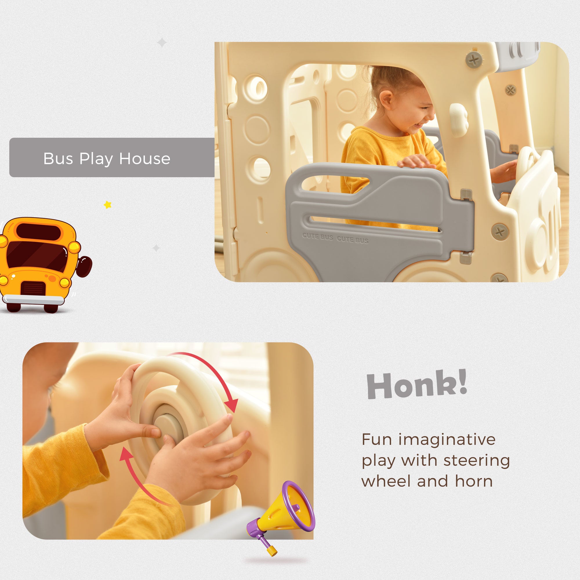 Kids Slide with Bus Play Structure; Freestanding Bus Toy with Slide for Toddlers; Bus Slide Set with Basketball Hoop - VINE GLOBAL