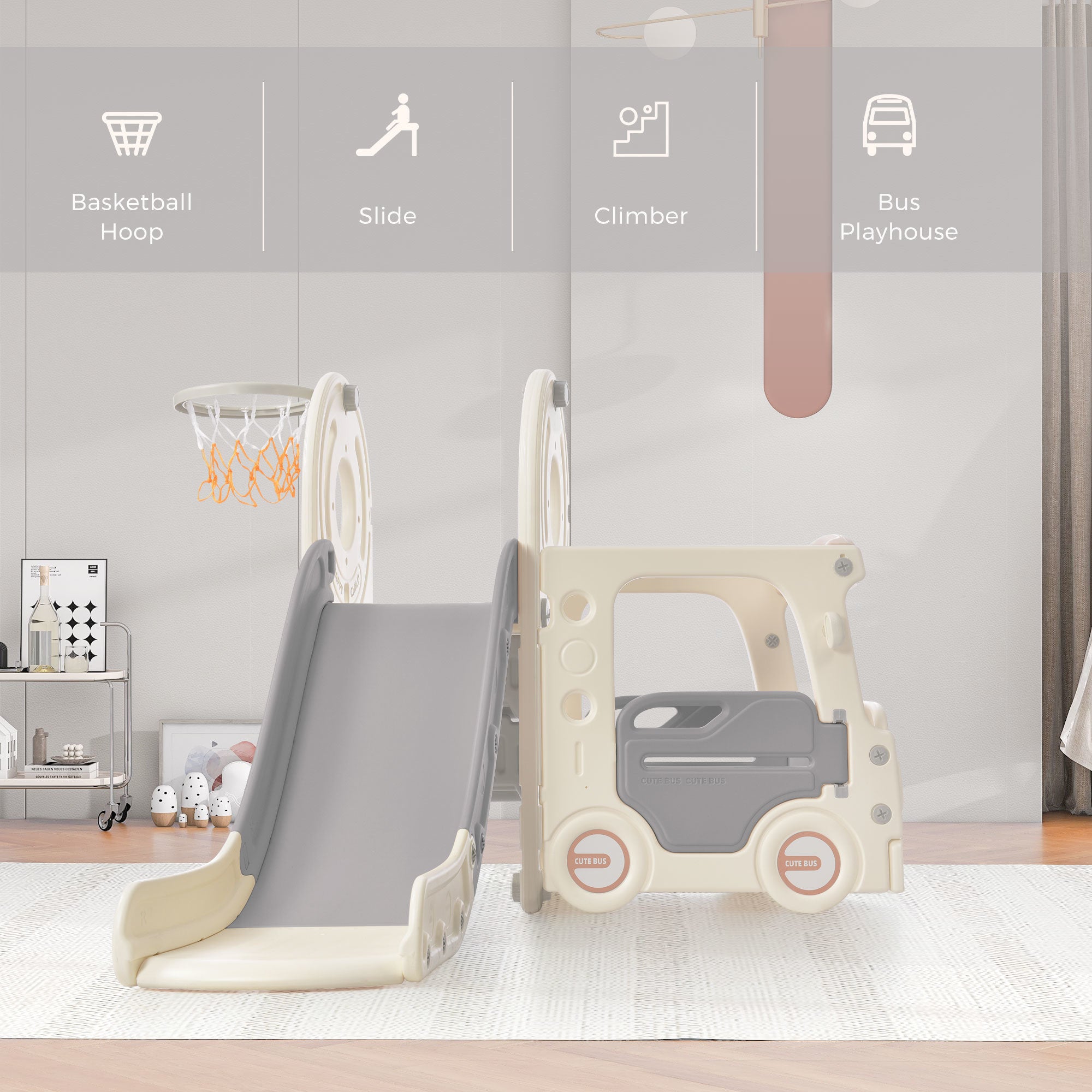 Kids Slide with Bus Play Structure; Freestanding Bus Toy with Slide for Toddlers; Bus Slide Set with Basketball Hoop - VINE GLOBAL