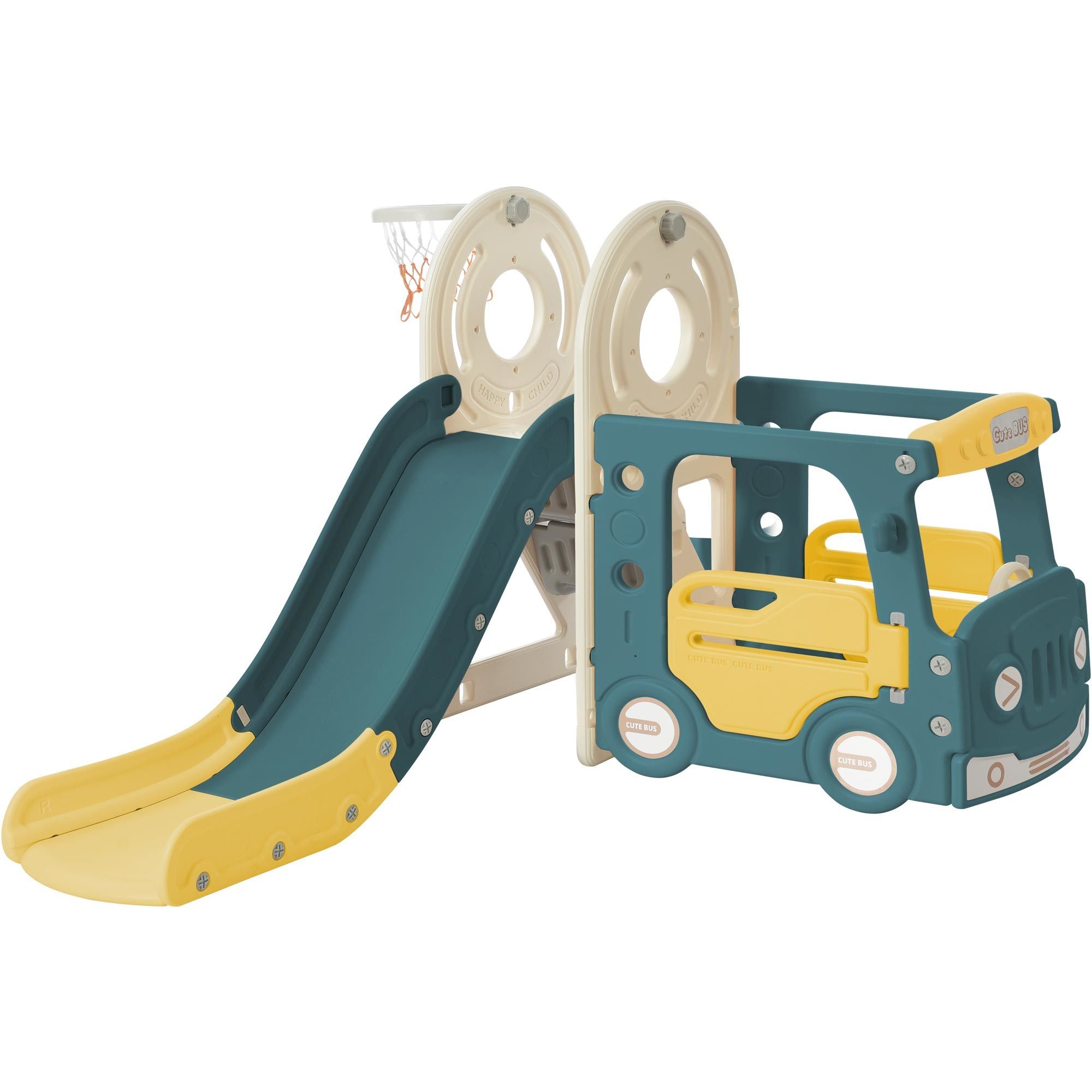 Kids Slide with Bus Play Structure; Freestanding Bus Toy with Slide for Toddlers; Bus Slide Set with Basketball Hoop - VINE GLOBAL