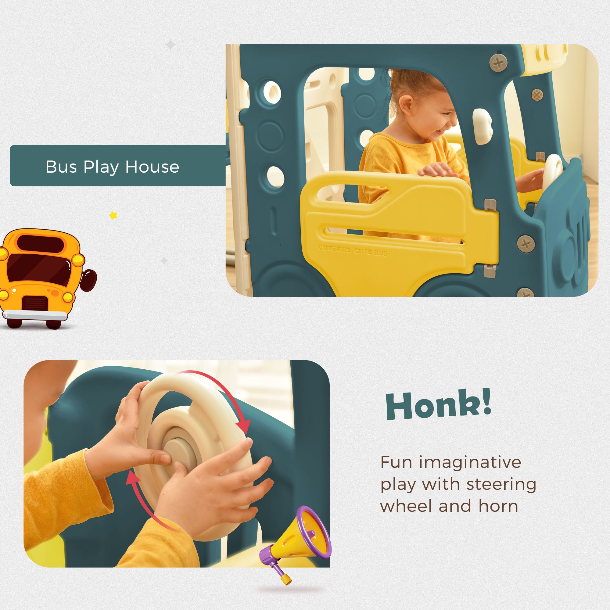 Kids Slide with Bus Play Structure; Freestanding Bus Toy with Slide for Toddlers; Bus Slide Set with Basketball Hoop - VINE GLOBAL