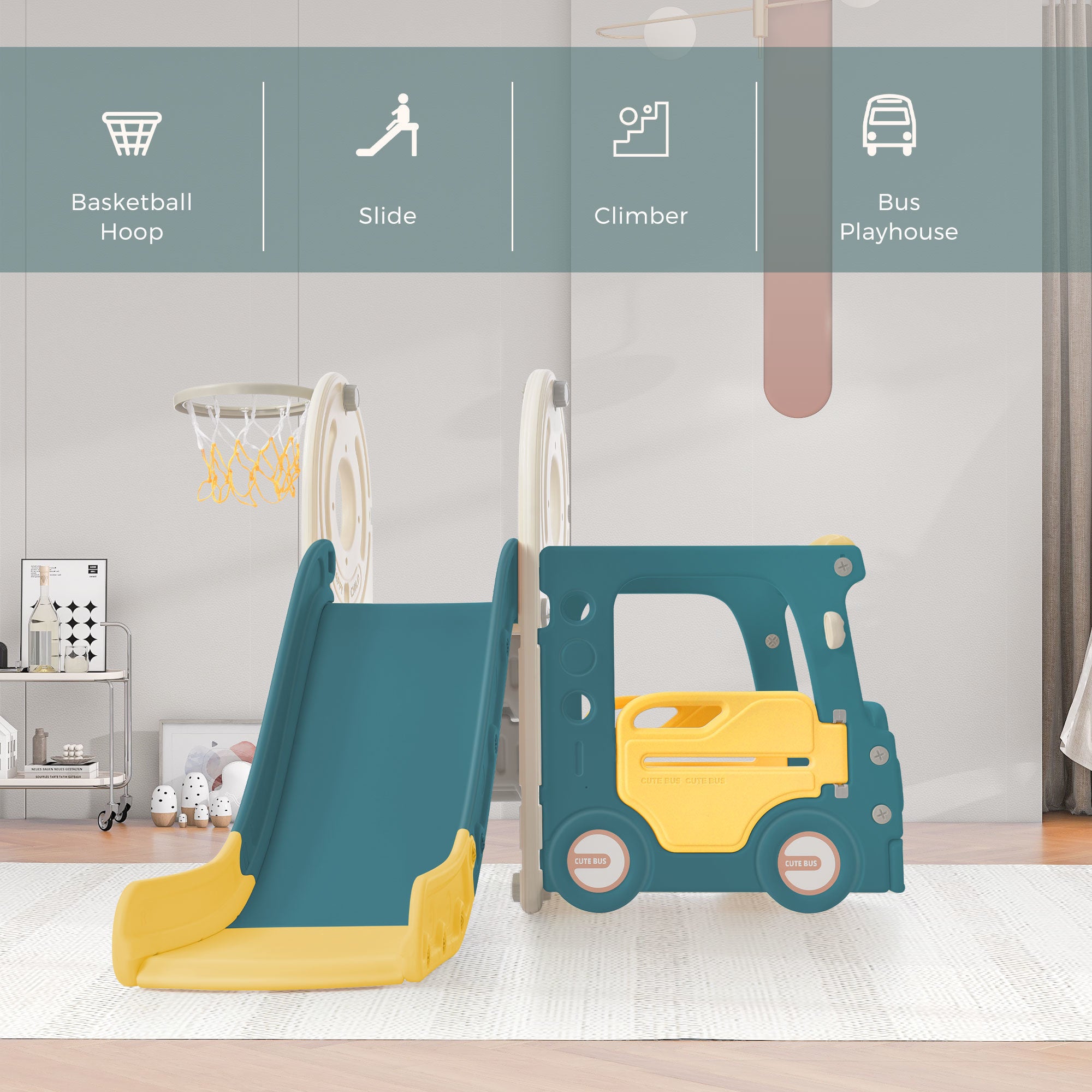 Kids Slide with Bus Play Structure; Freestanding Bus Toy with Slide for Toddlers; Bus Slide Set with Basketball Hoop - VINE GLOBAL