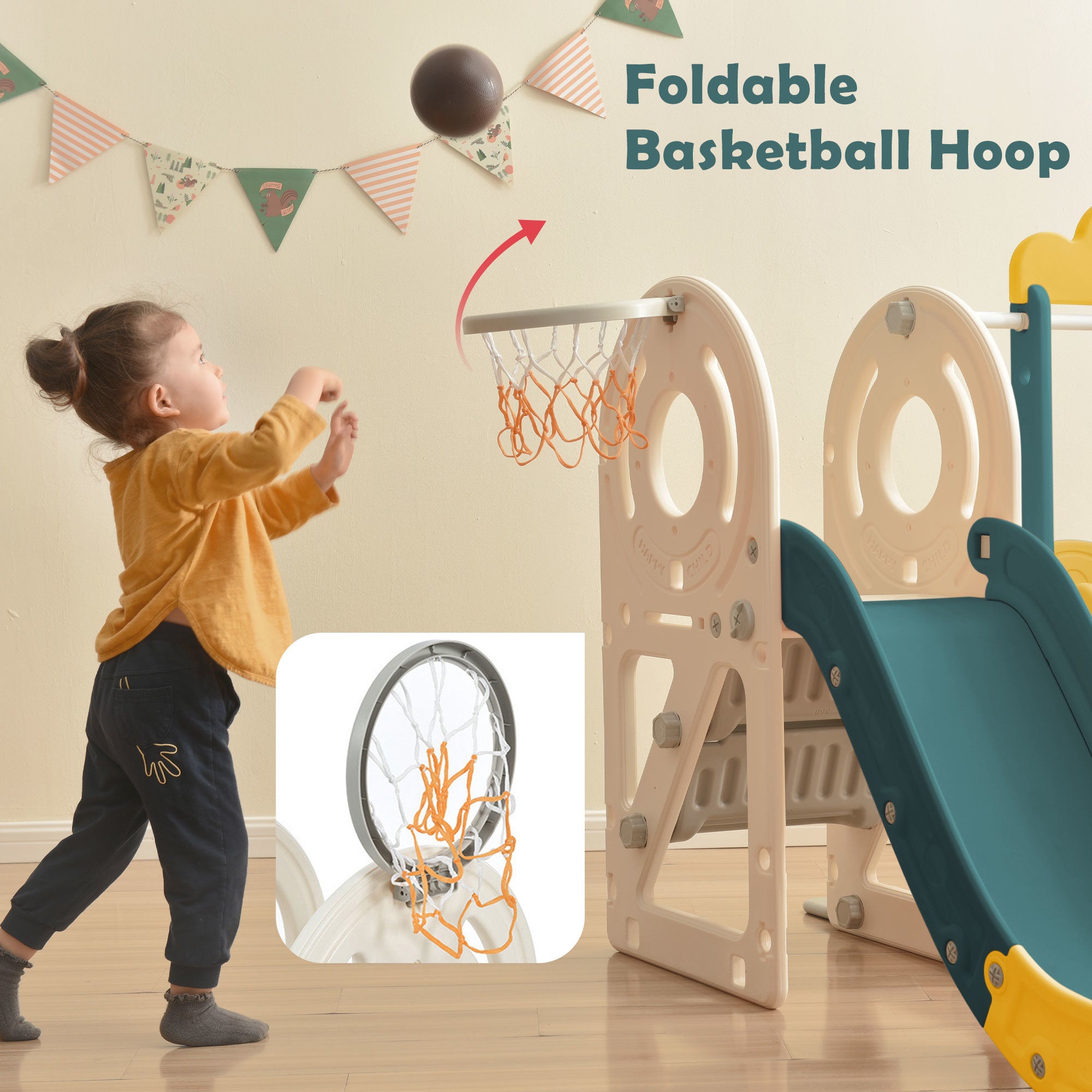 Kids Slide with Bus Play Structure; Freestanding Bus Toy with Slide for Toddlers; Bus Slide Set with Basketball Hoop - VINE GLOBAL