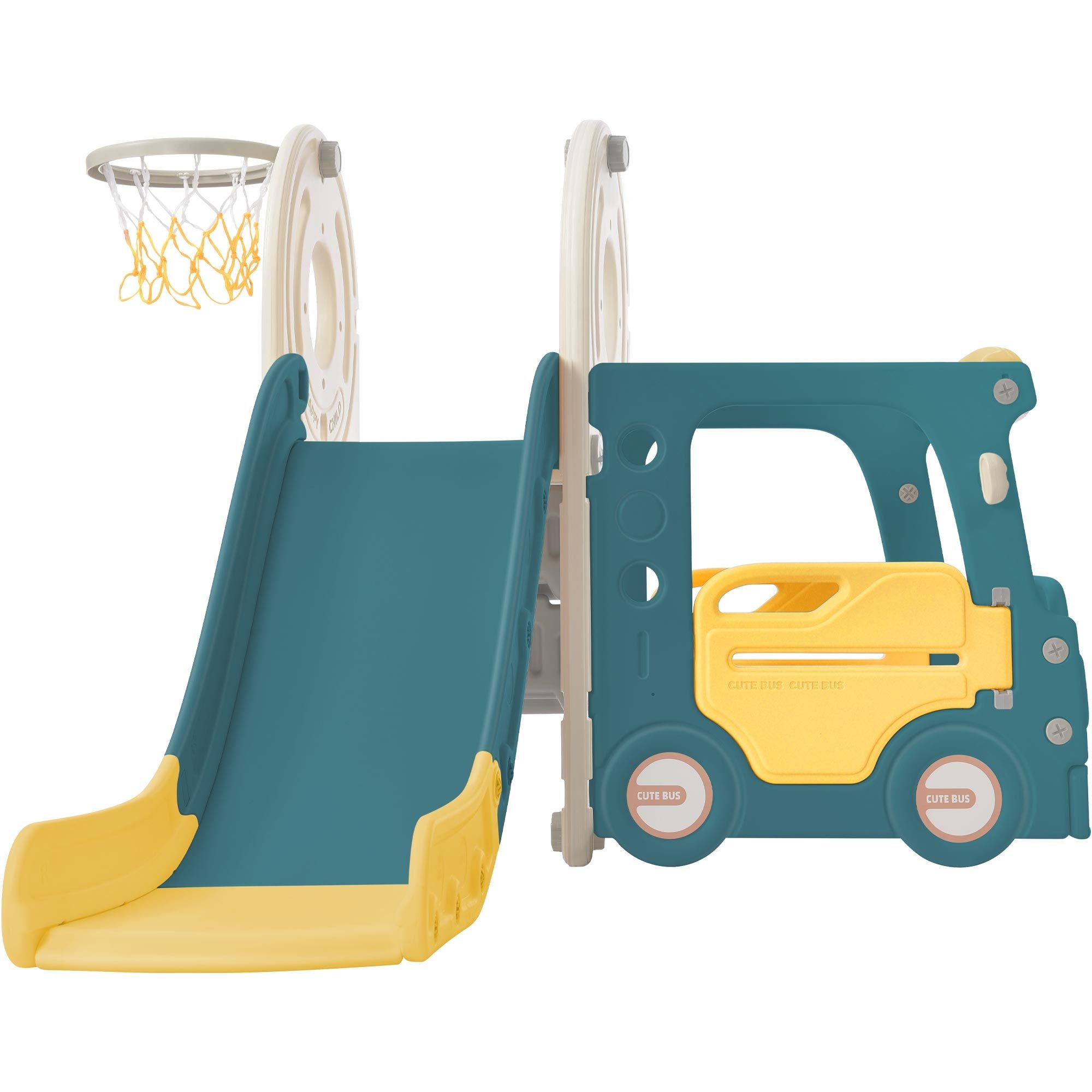 Kids Slide with Bus Play Structure; Freestanding Bus Toy with Slide for Toddlers; Bus Slide Set with Basketball Hoop - VINE GLOBAL