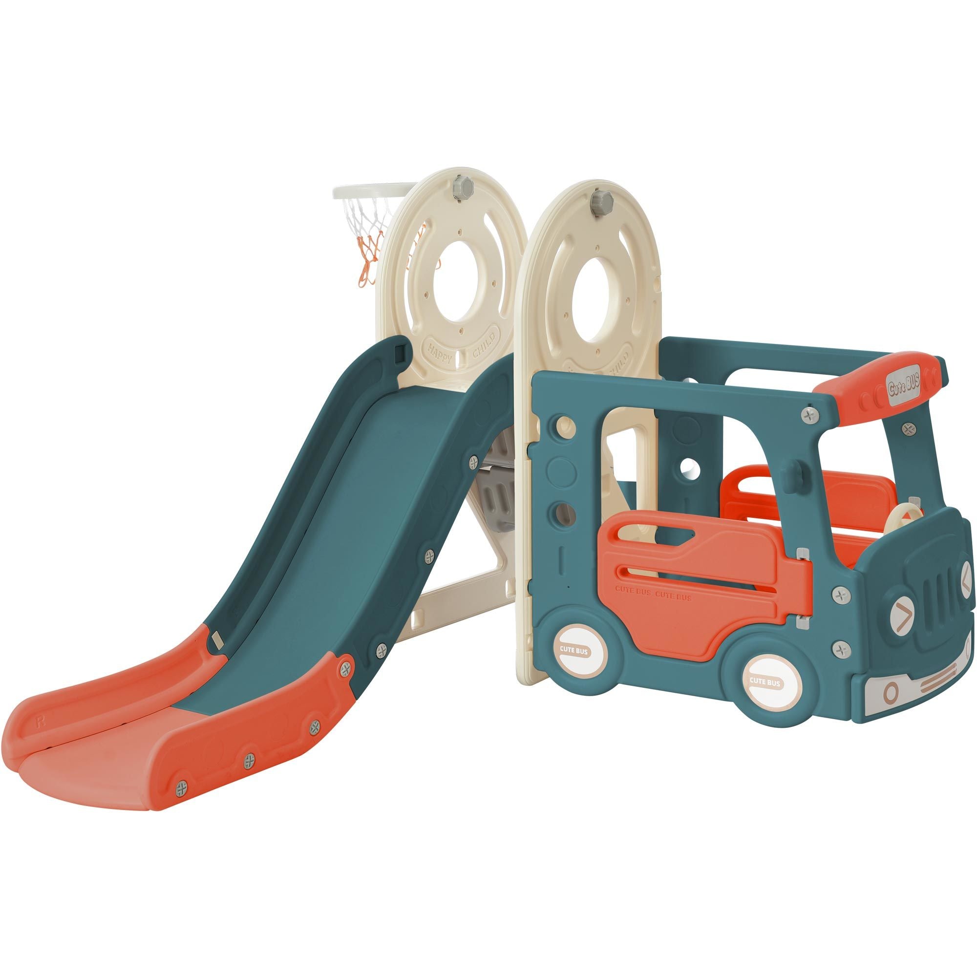 Kids Slide with Bus Play Structure; Freestanding Bus Toy with Slide for Toddlers; Bus Slide Set with Basketball Hoop - VINE GLOBAL