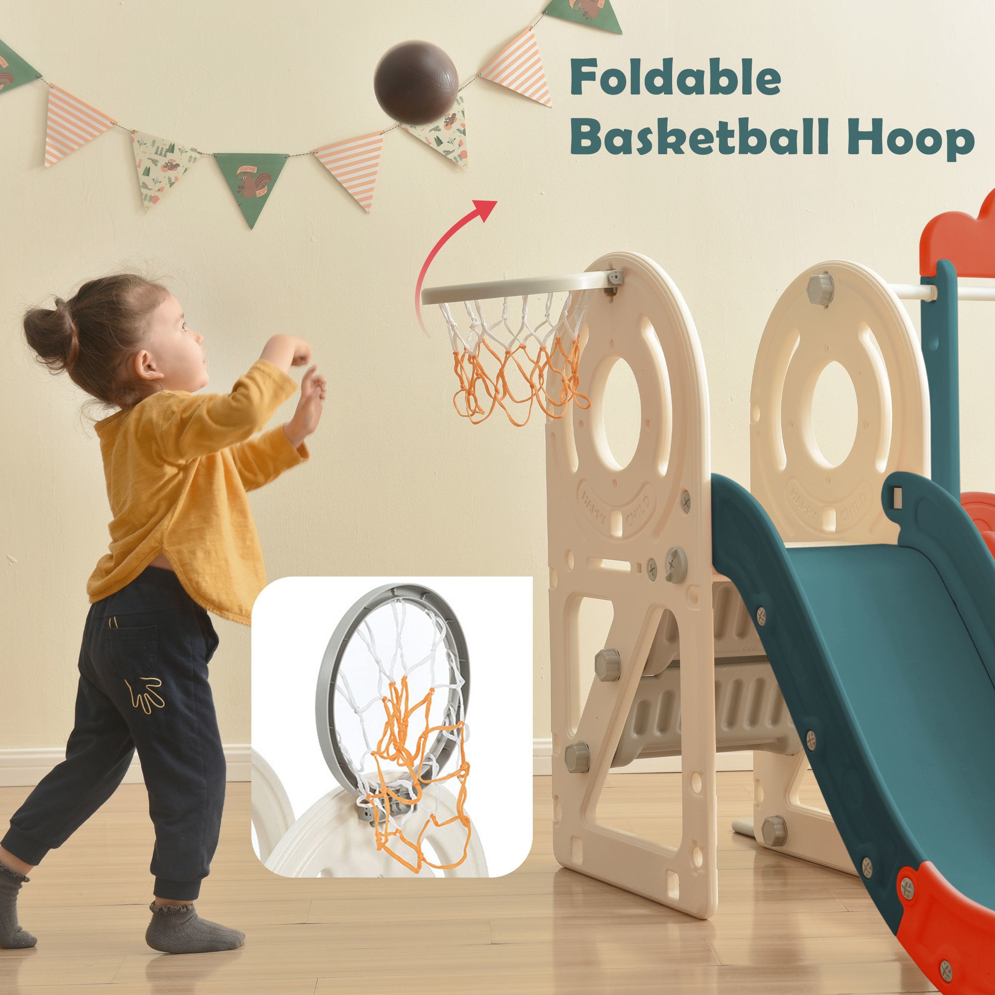 Kids Slide with Bus Play Structure; Freestanding Bus Toy with Slide for Toddlers; Bus Slide Set with Basketball Hoop - VINE GLOBAL