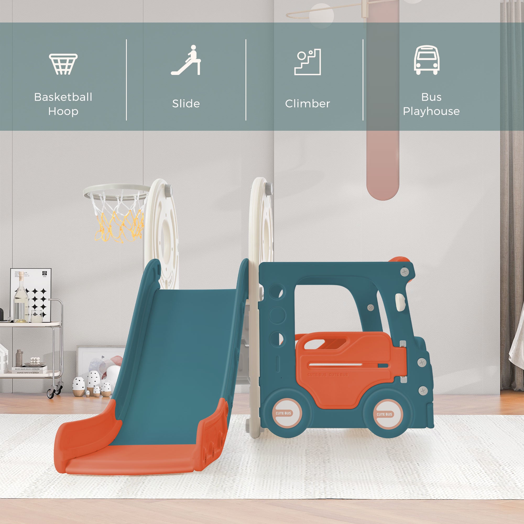 Kids Slide with Bus Play Structure; Freestanding Bus Toy with Slide for Toddlers; Bus Slide Set with Basketball Hoop - VINE GLOBAL