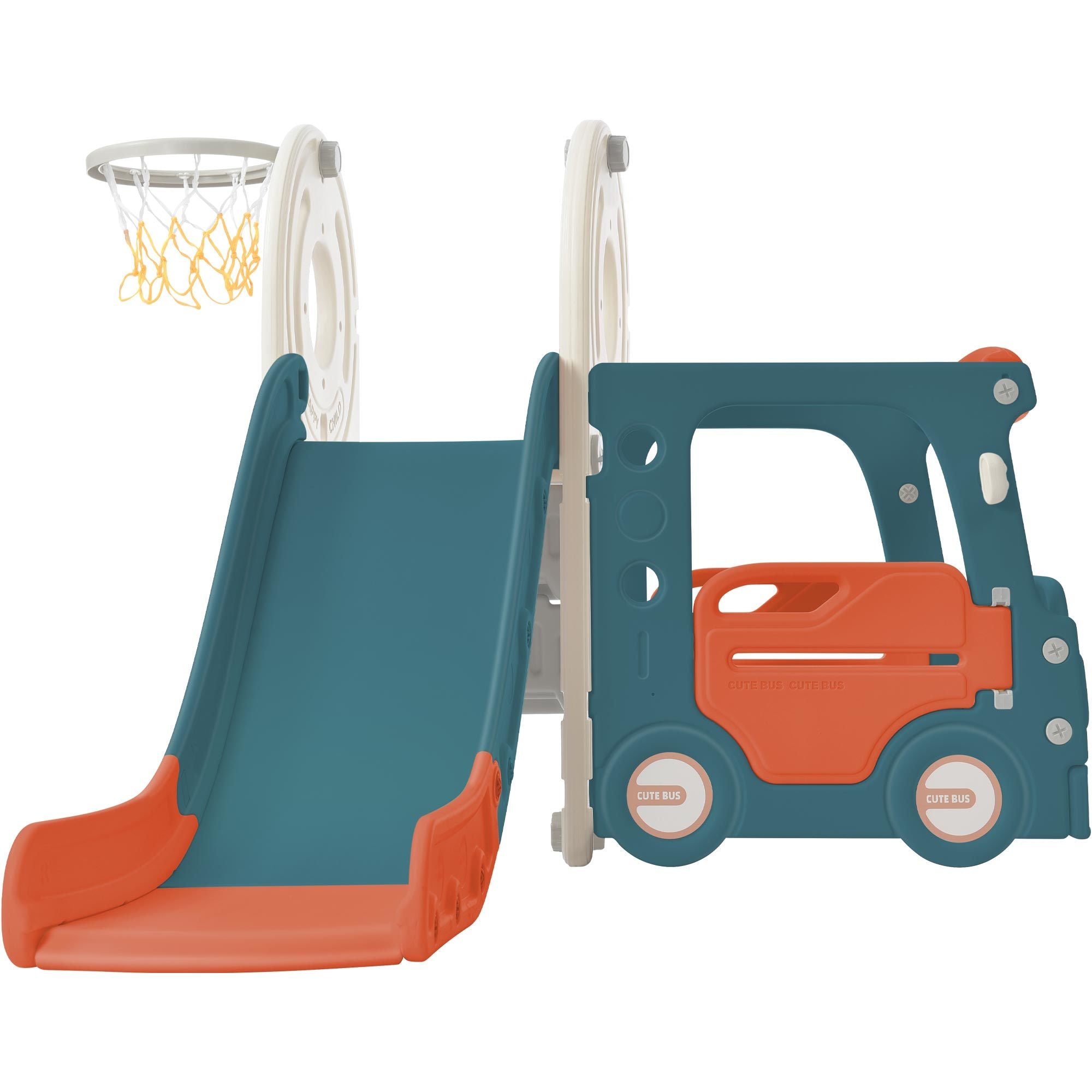 Kids Slide with Bus Play Structure; Freestanding Bus Toy with Slide for Toddlers; Bus Slide Set with Basketball Hoop - VINE GLOBAL