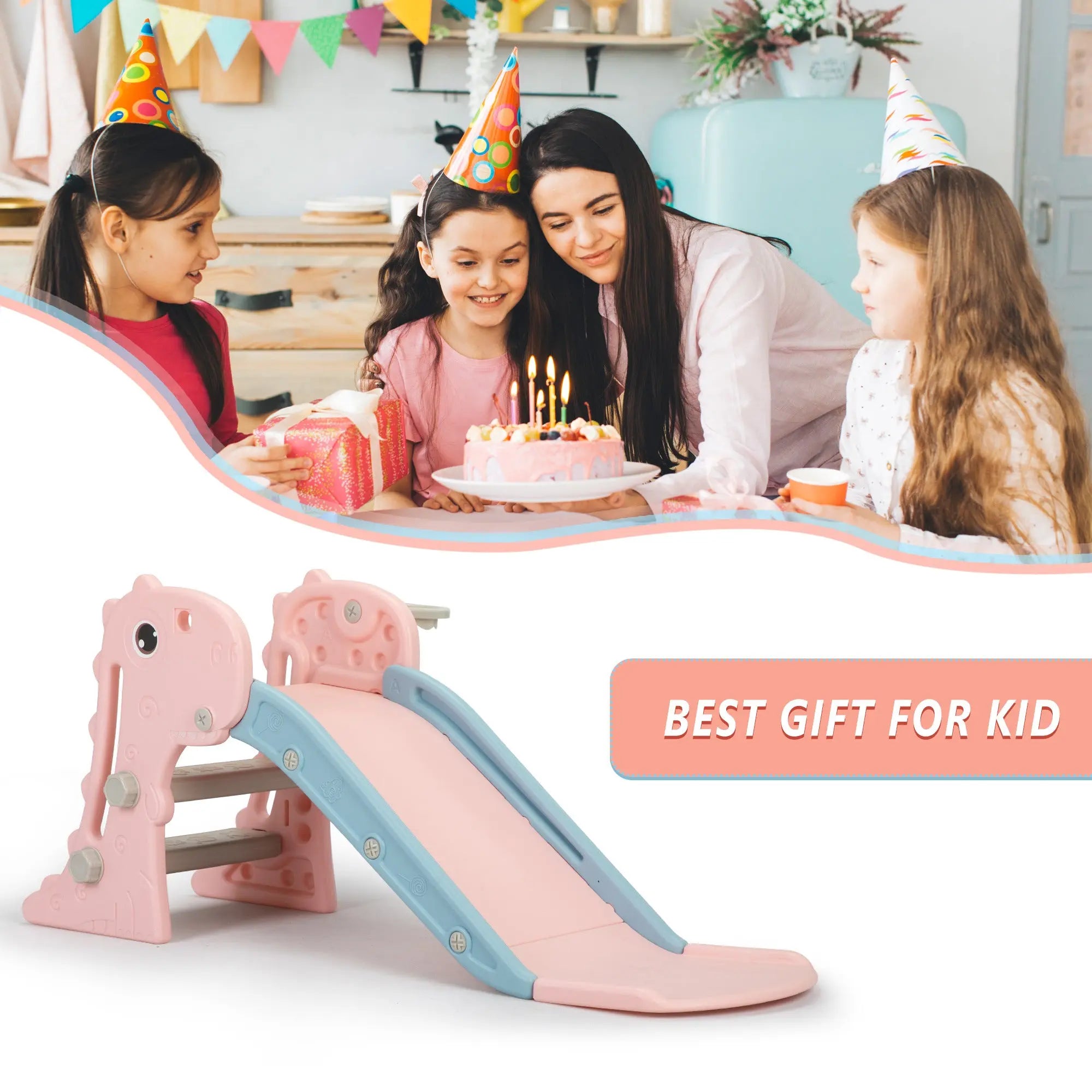 3 in 1 Freestanding Toddler Slide;  Indoor Outdoor Playground with Basketball Hoop and Ball for Kids Under 3 Years - VINE GLOBAL