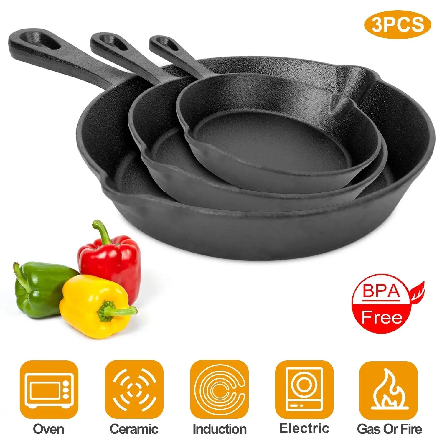 3Pcs Pre-Seasoned Cast Iron Skillet Set 6/8/10in Non-Stick Oven Safe Cookware Heat-Resistant Frying Pan - VINE GLOBAL