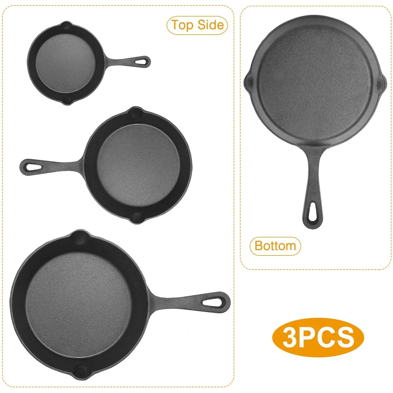 3Pcs Pre-Seasoned Cast Iron Skillet Set 6/8/10in Non-Stick Oven Safe Cookware Heat-Resistant Frying Pan - VINE GLOBAL